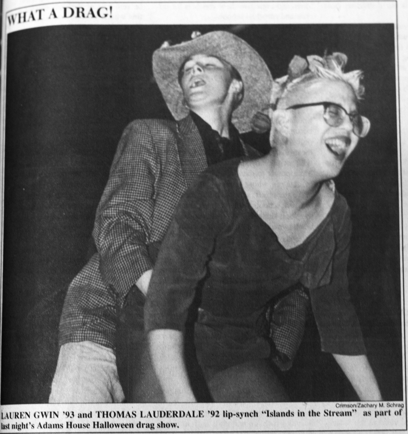 Thomas M. Lauderdale '92 performs with Lauren Gwin '93 in the 1991 Adams House Halloween drag performance.