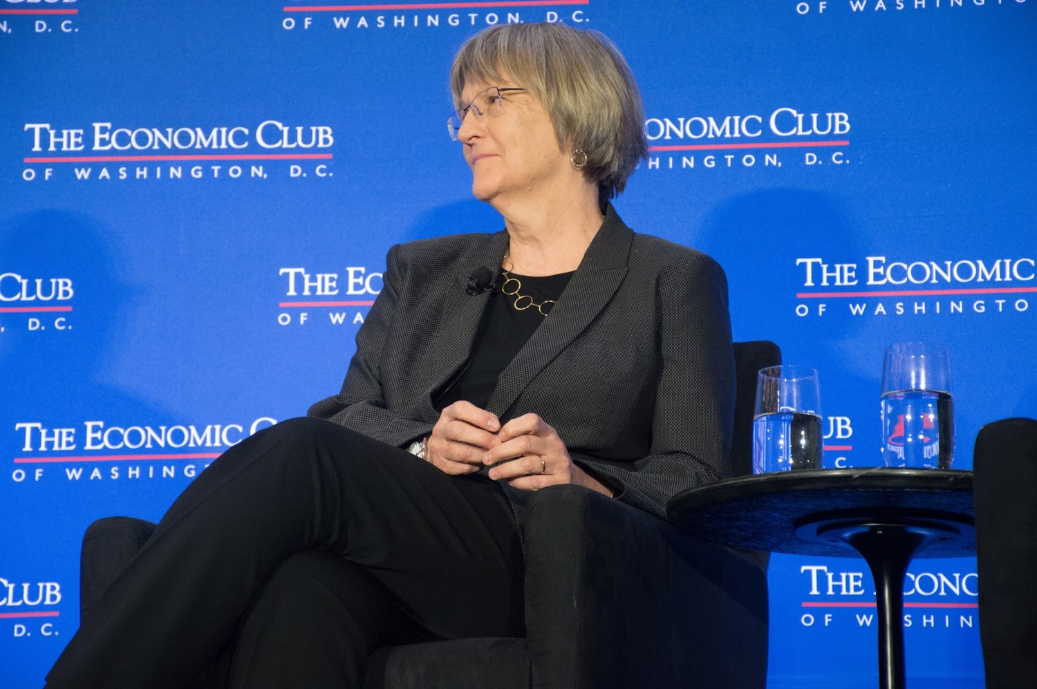 University President Drew G. Faust sits on a panel at the Economic Club in Washington, D.C. in April. 