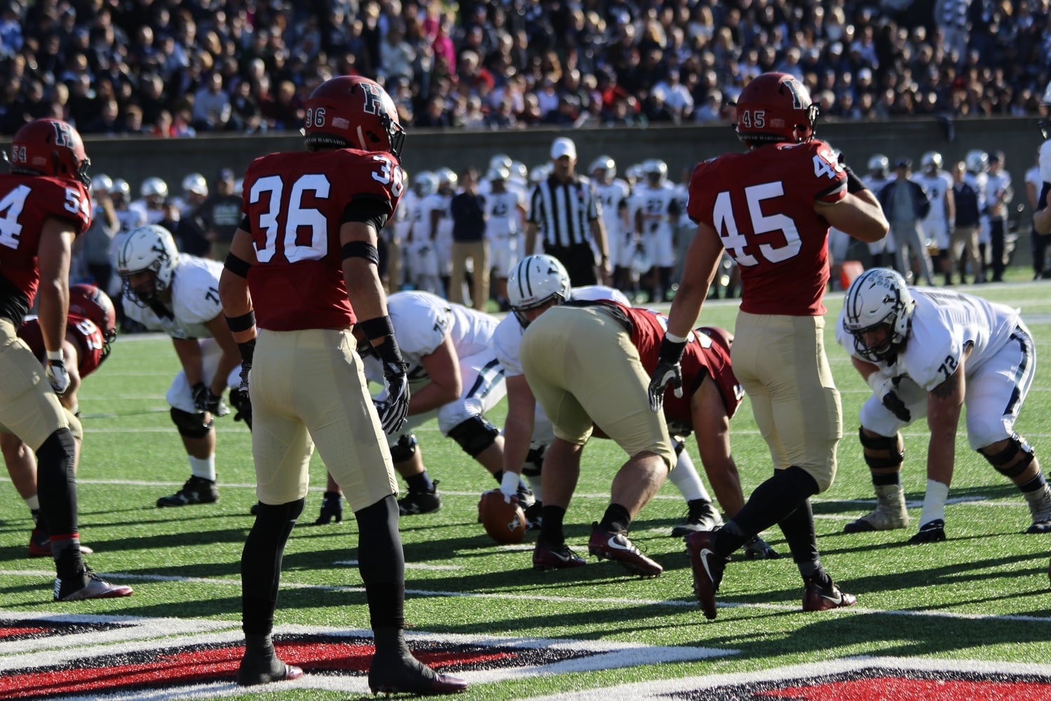Juniors Tanner Lee (36) and Chase Guillory (45) prepare for a snap in The Game. Yale broke a nine-year losing streak in The Game.