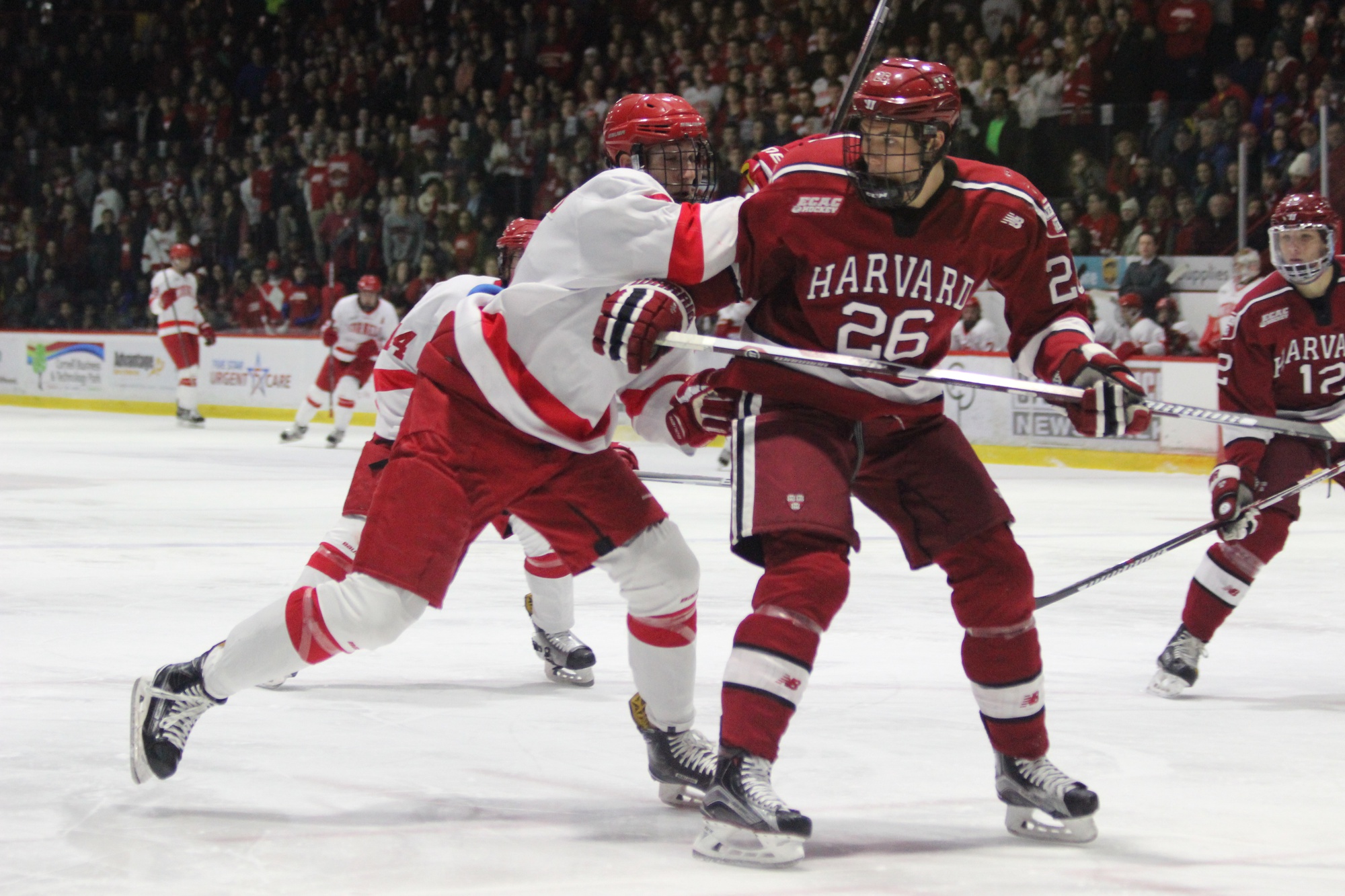Sophomore defenseman Jacob Olson absorbs a blow from an attacker during a 4-1 win over Cornell on Jan. 27. 