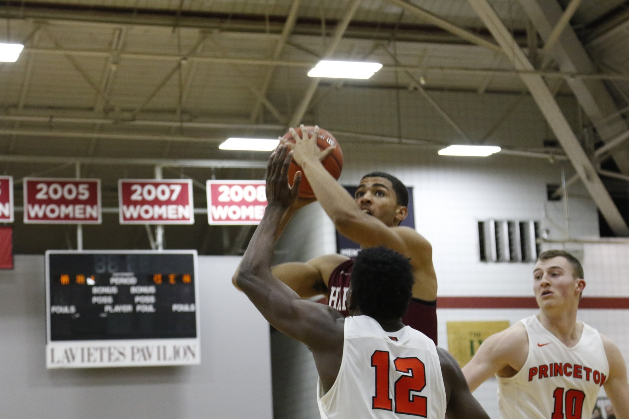 Freshman forward Seth Towns takes a hook shot against Princeton.  
