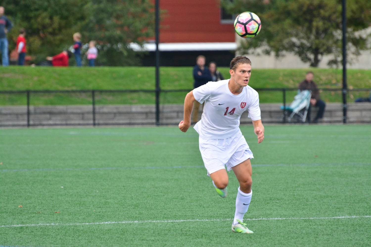 Co-captain Justin Crichlow hustles after a ball. The defender led his team into battle twice this weekend, against Xavier and UMass Lowell.
