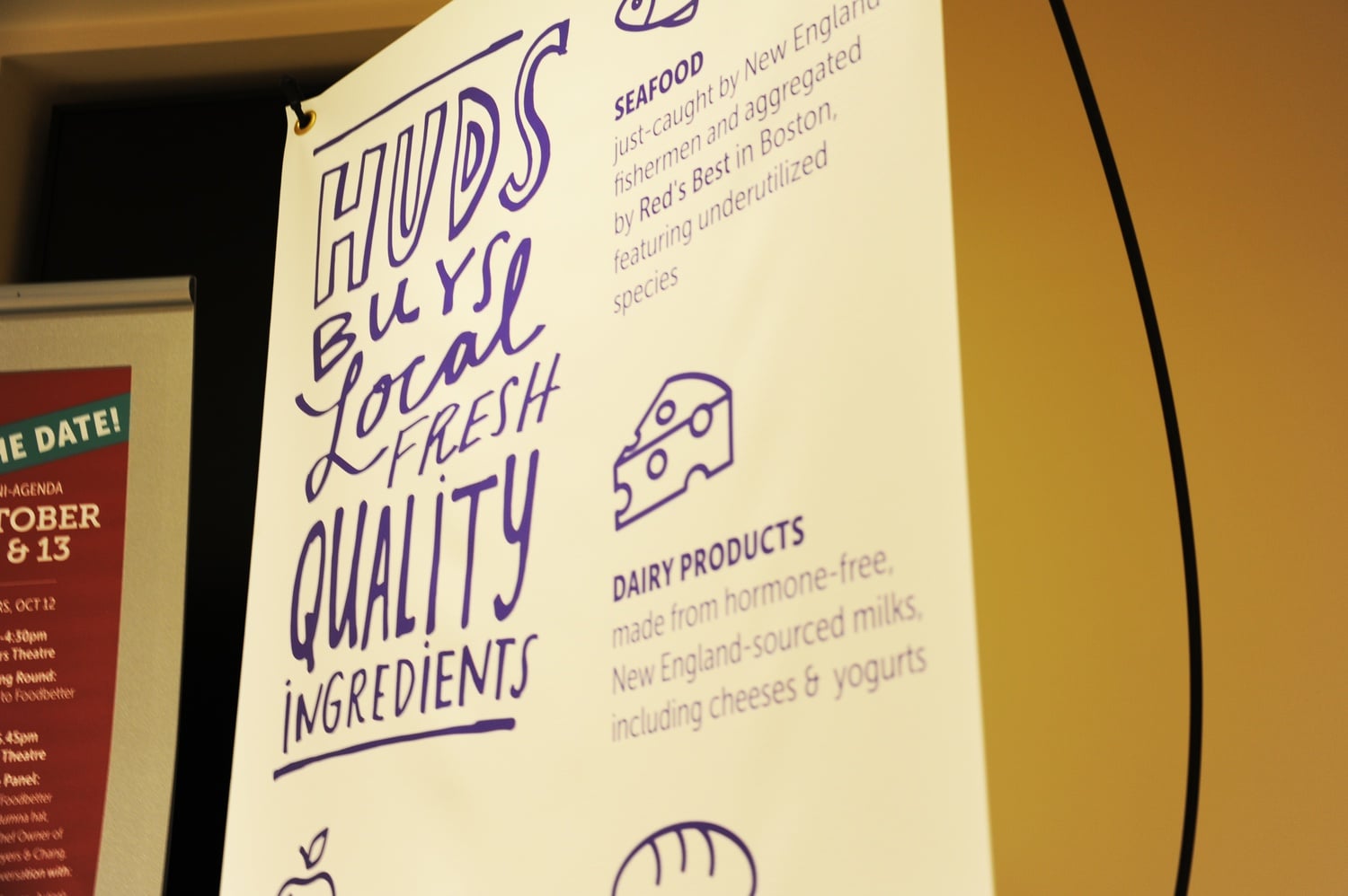 A Harvard University Dining Services sign touting its local ingredient sourcing.