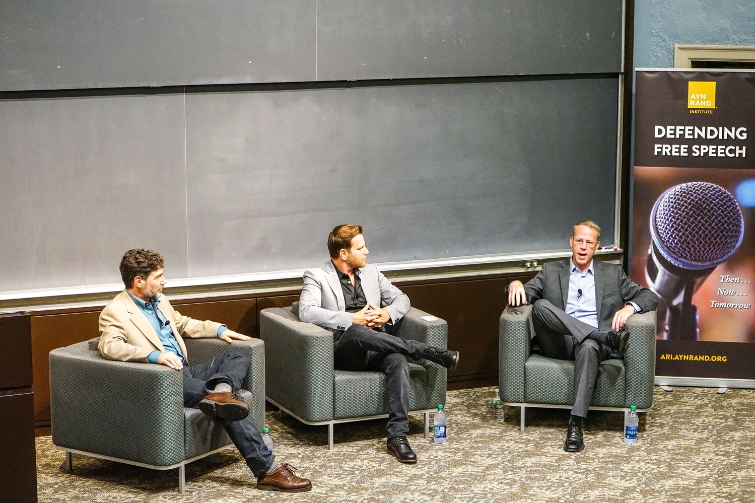 The Harvard College Open Campus Initiative hosts a discussion about the state of free speech in America with panelists (from left to right) Bret Weinstein, David J. Rubin, and Steve  Simpson.