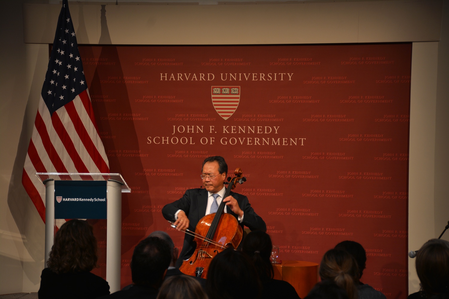 
Yo-Yo Ma plays a song dedicated to Klaus M. Schwab at the Harvard University Institute of Politics Wednesday afternoon.