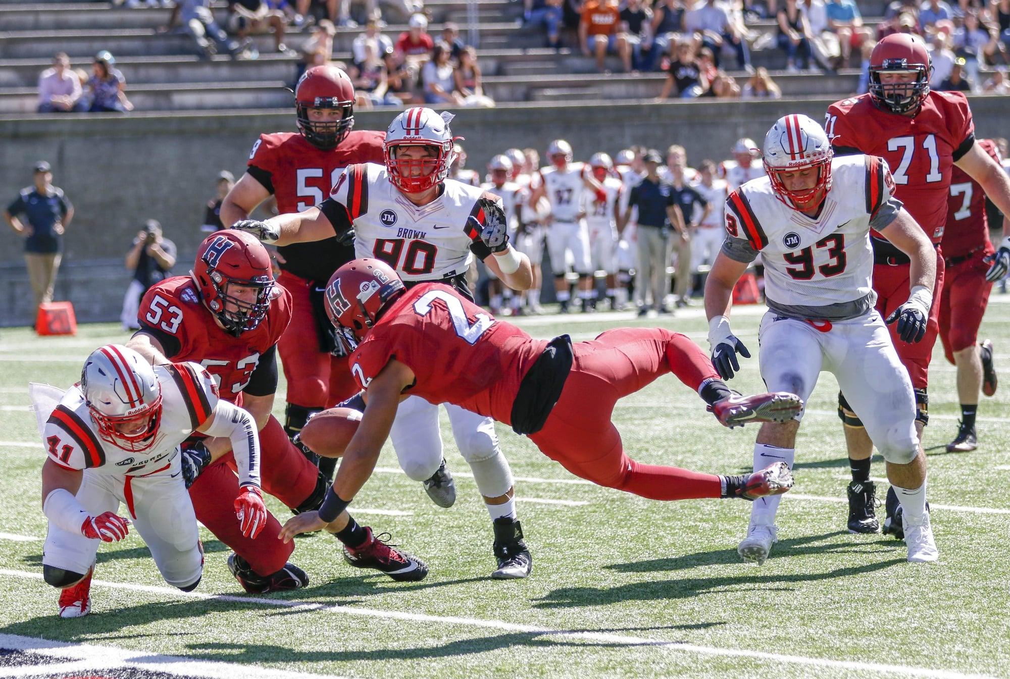 Sophomore wide receiver Lavance Northington dives across the goal line to give Harvard a 21-2 lead in the second quarter against Brown.