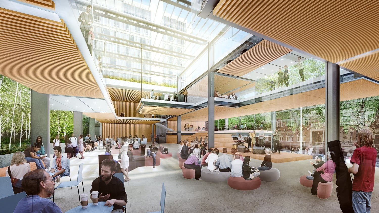 An artist's rendering of the indoor living room at the new Smith Campus Center in the daytime.