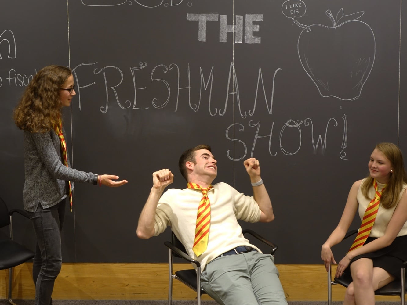 Ally E. Beard ‘21, Grant A. Hoechst 18’ and Julia H. Wright ‘21 perform at the Immediate Gratification Players Freshman Show on Saturday night.