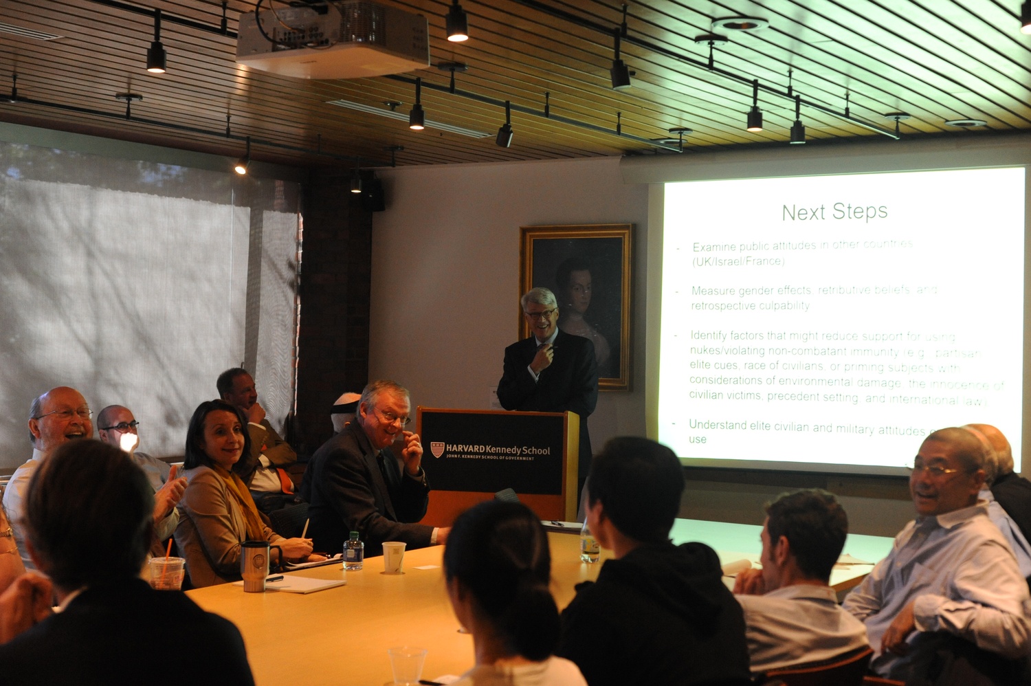 Scott D. Sagan answers audience questions in the Fainsrod Room at Harvard Kennedy School Wednesday Morning. Sagan lectured about American public opinion as it pertains to nuclear weapon use today.