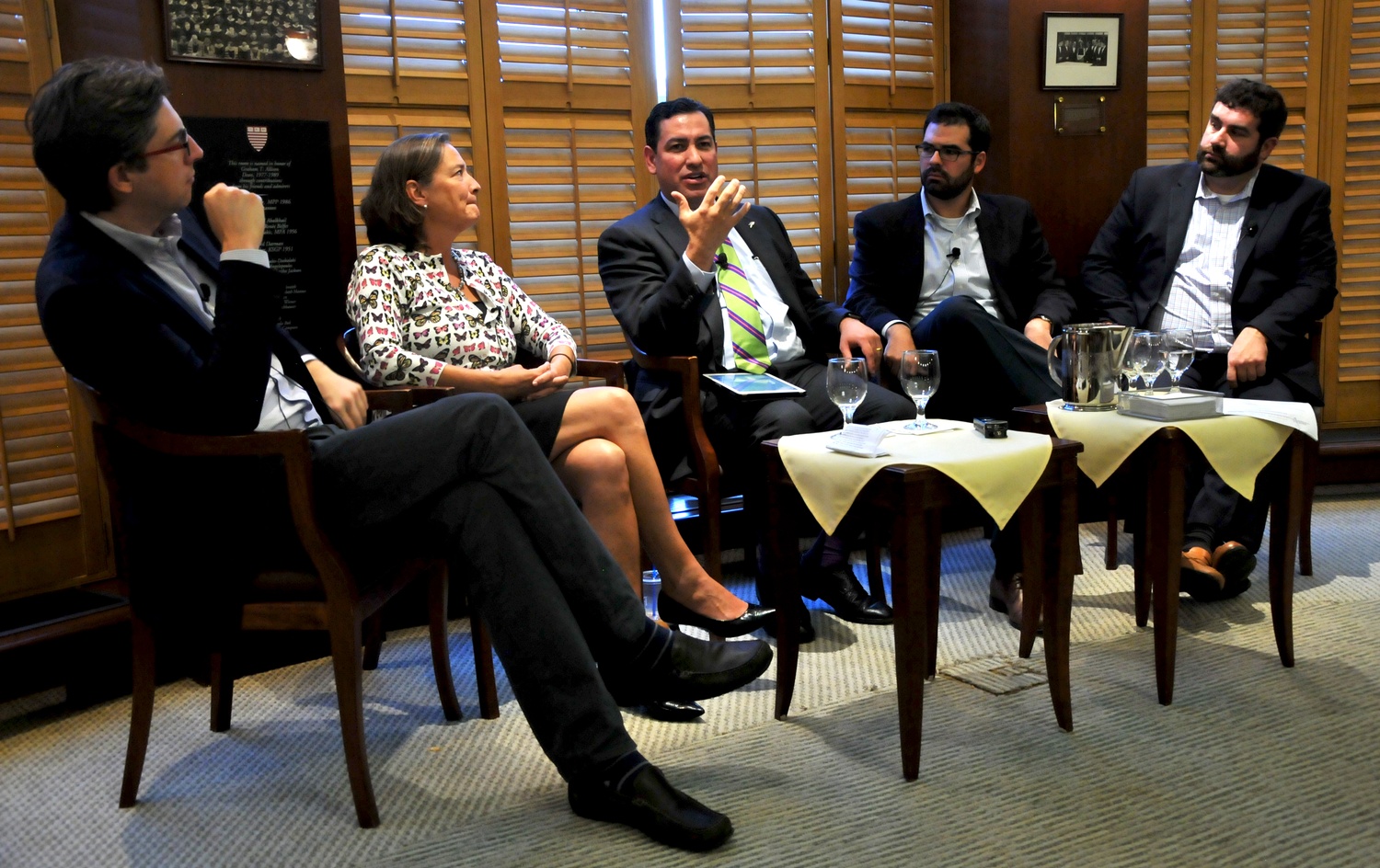 From left to right, moderator Edward Cunningham and panelists Carter Wall, Bryan Garcia, and Jeffrey Schub speak on New England green banks Thursday afternoon at the Kennedy School. 