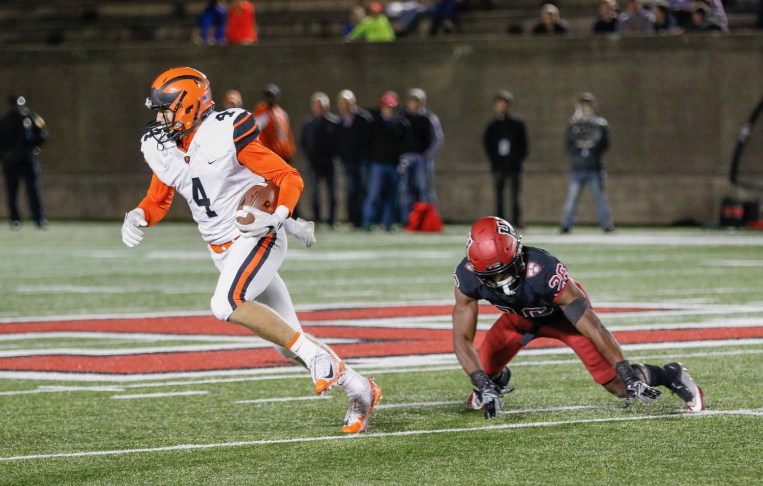 Princeton wide receiver Jesper Horsted cuts past senior defensive back Tobe Ezeokoli for a 66-yard score. In the first half, the Tigers accumulated 323 yards in the air.