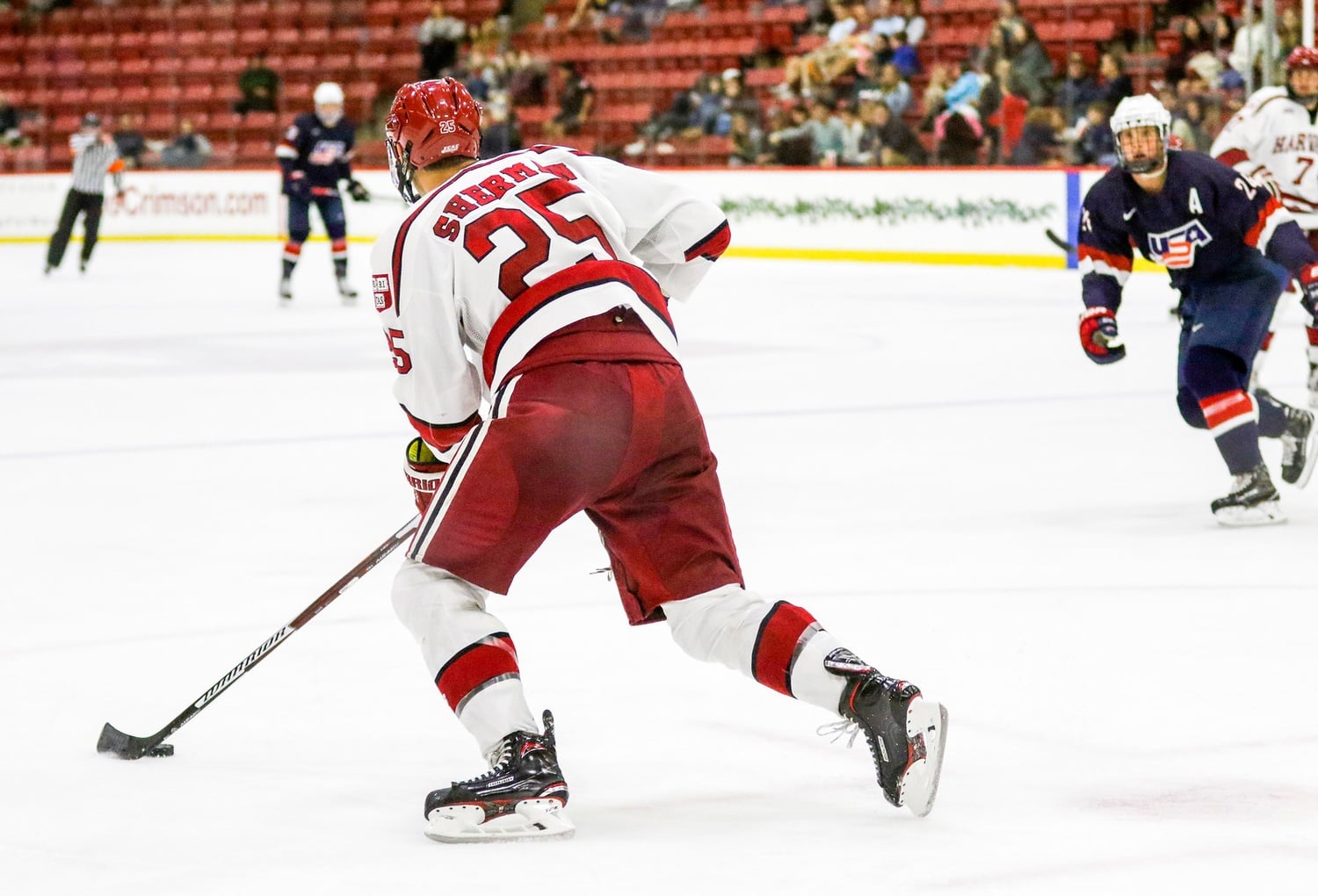 Big defenseman Wiley Sherman will help man the blue line this year for the Crimson. His towering presence is "comforting" according to his goalie and tri-captain, Merrick Madsen.