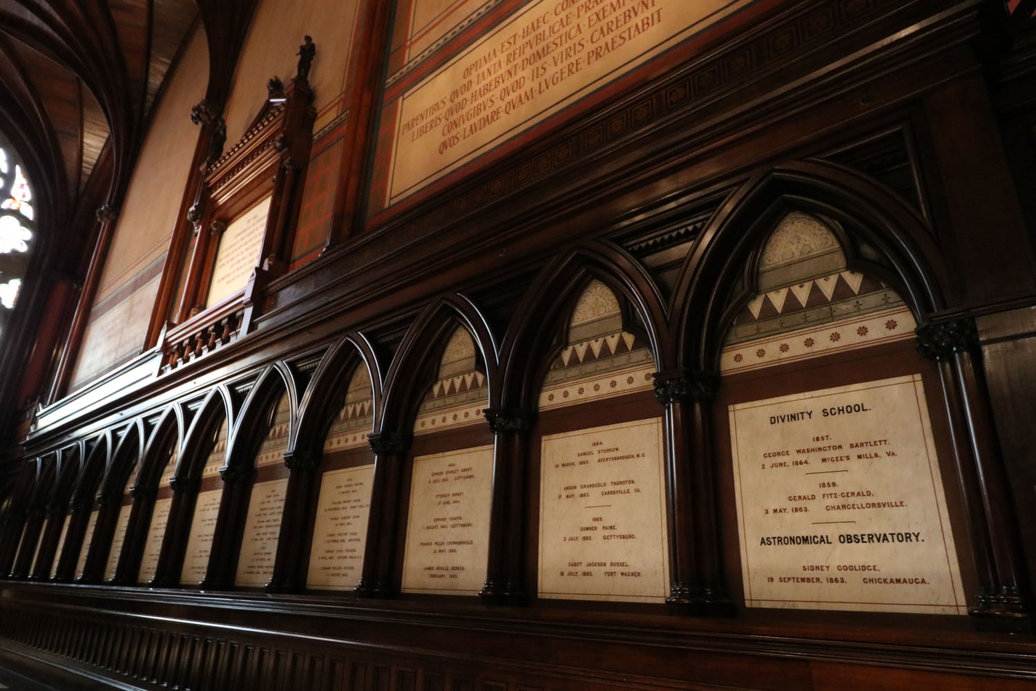 Memorial Hall is lined with 28 marble tables. 