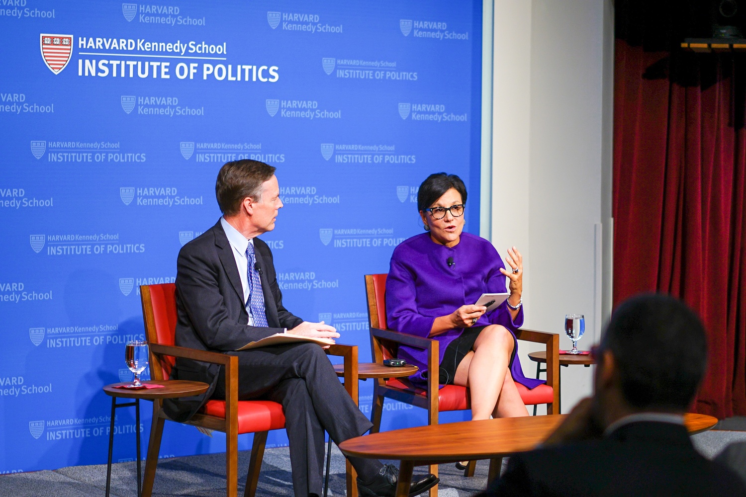 Former United States Secretary of Commerce Penny S. Pritzker (R) and Kennedy School Professor R. Nicholas Burns (L) discuss current economic challenges at the Institute of Politics.