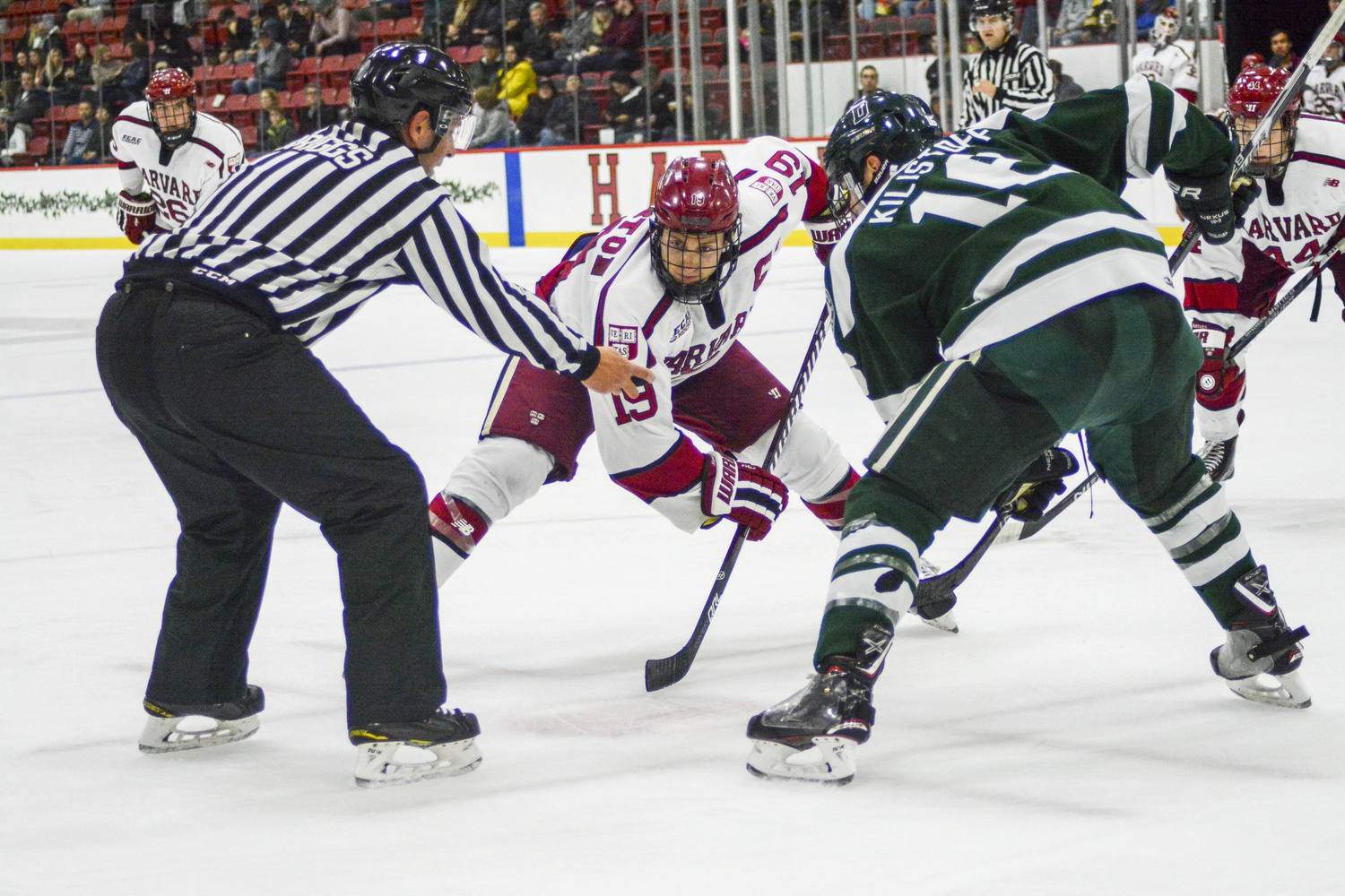 Tri-captain Jake Horton tenses before the puck drops in the Crimson's season opener against Dartmouth.
