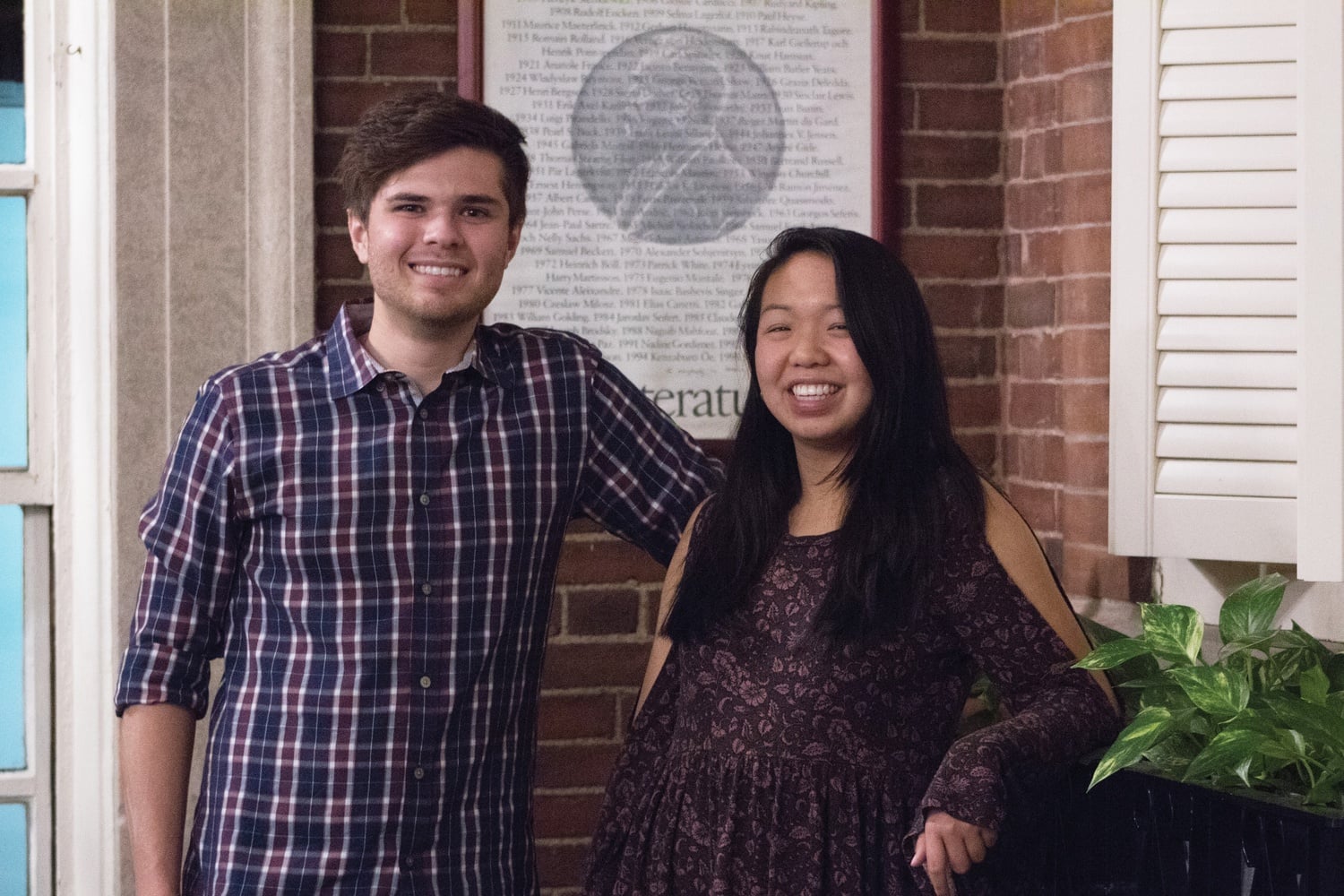Catherine L. Zhang '19, right, and Nicholas D. Boucher '19, left, pose for a photo Thursday evening in Adams House Conservatory. Zhang and Boucher are running for president and vice president, respectively, of the Undergraduate Council.
