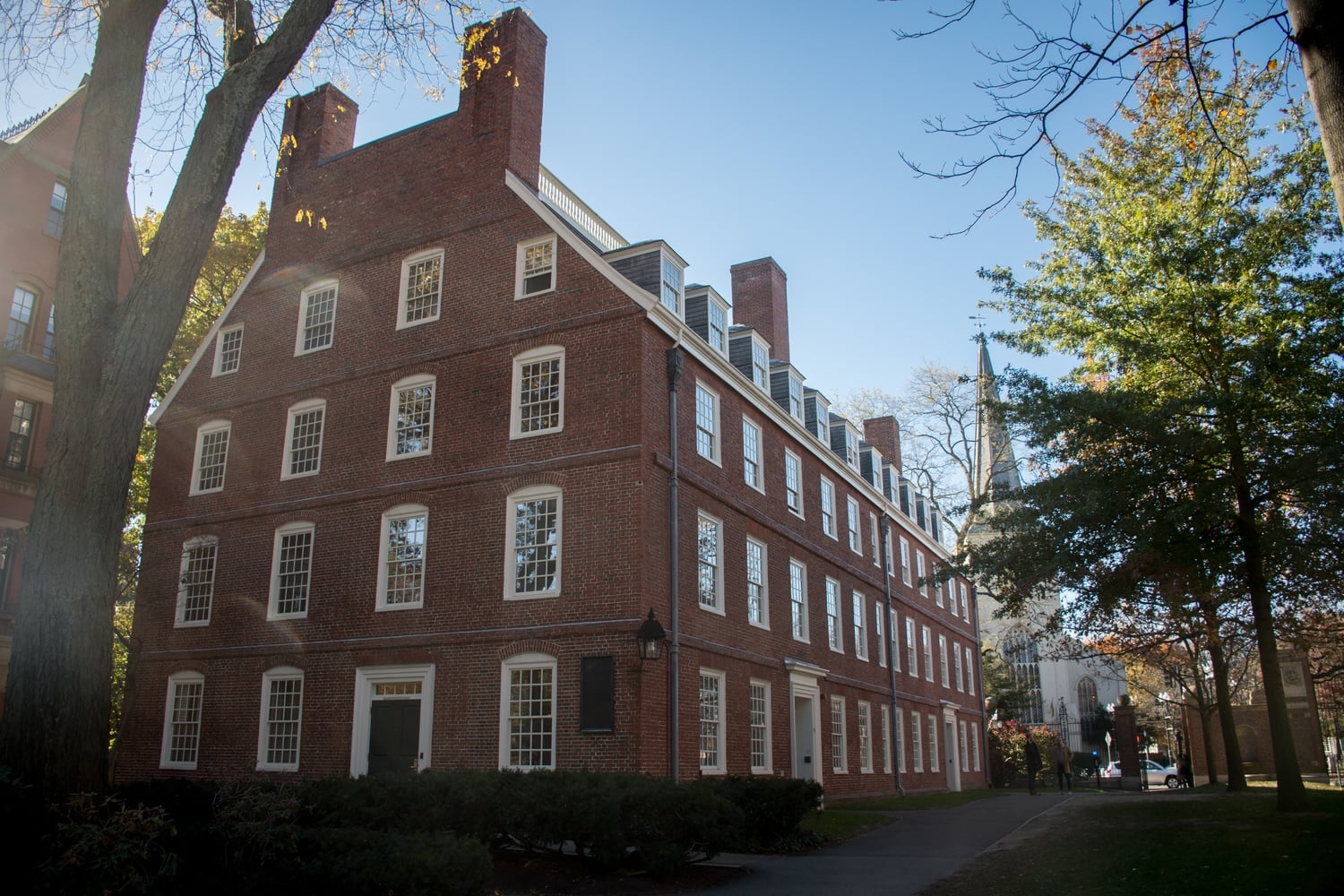 Massachusetts Hall, which holds the offices of Harvard's top administrators, is located in Harvard Yard.