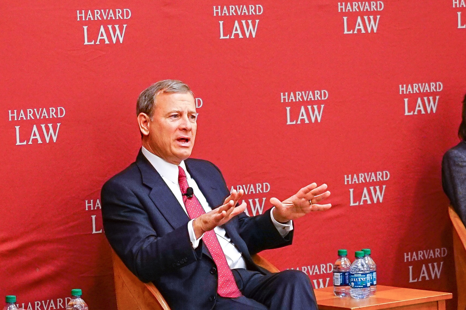 Chief Justice John G. Roberts discusses Supreme Court advocacy on a panel at Harvard Law School. 