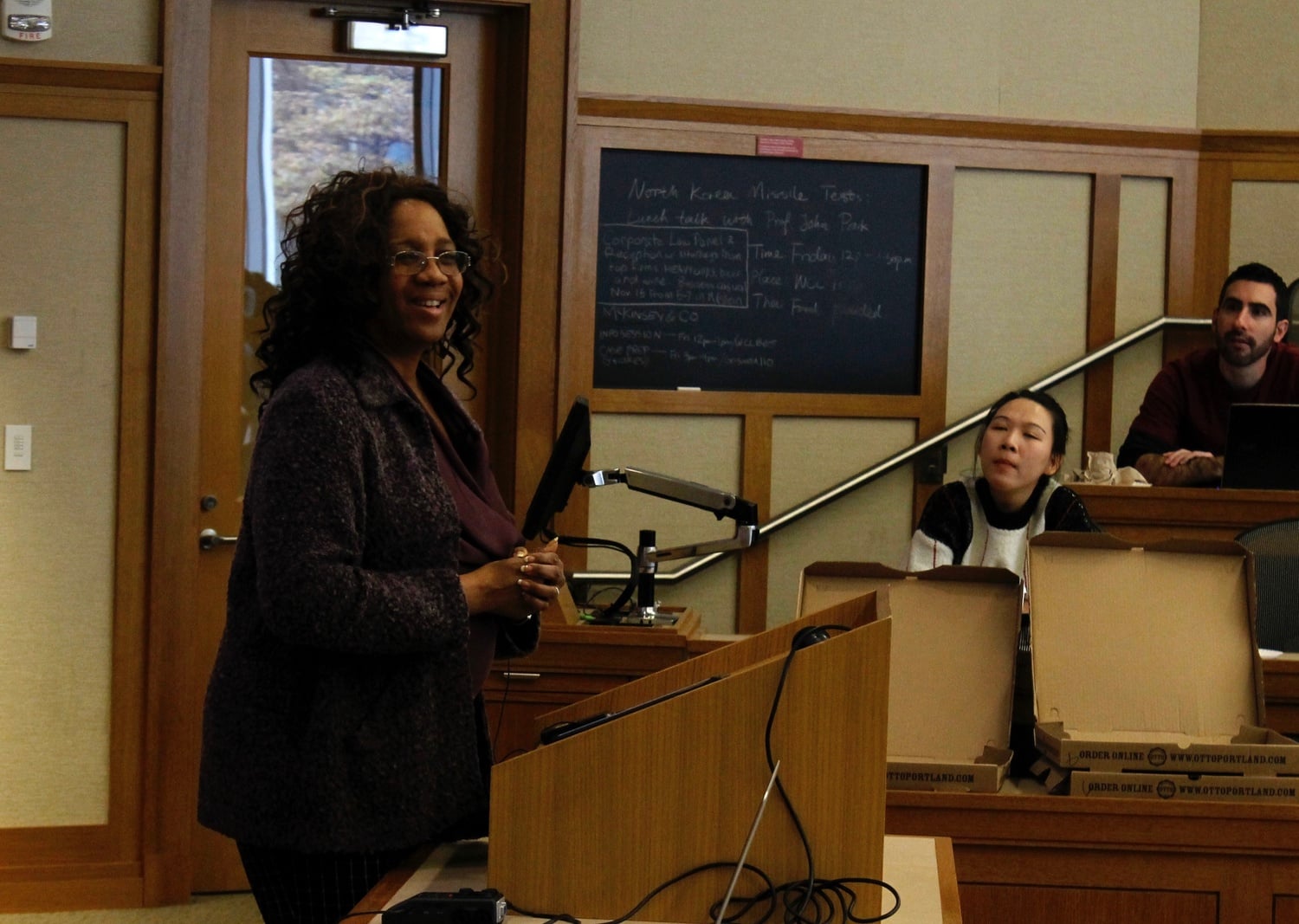 Valarie Long, an executive vice president of the Service Employees International Union, speaks about labor justice at the Harvard Law Forum on Tuesday afternoon.