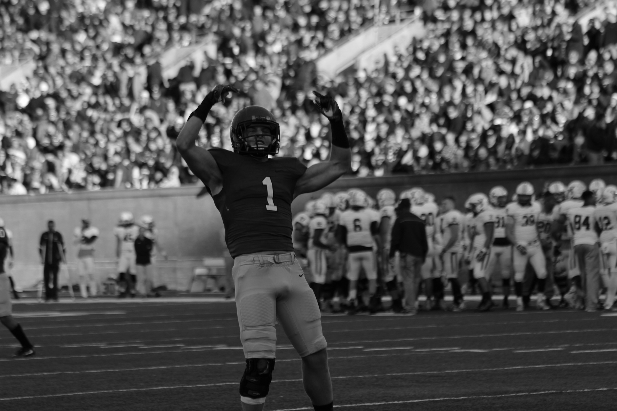 Harvard senior defensive back Tim Haehl gestures to the crowd at Harvard Stadium last year during The Game. Haehl and the rest of Crimson football will look to give traveling Harvard students lots to cheer about this Saturday at the Yale Bowl in New Haven as they try to rebound from last year’s loss. 