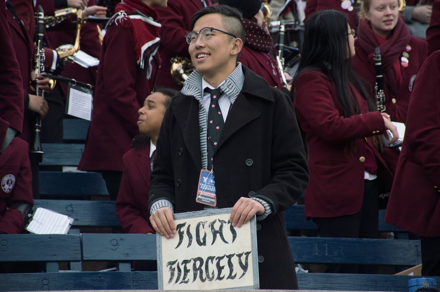 Changseob Lim '19 leads the Harvard University Band as its drill master at the Game.