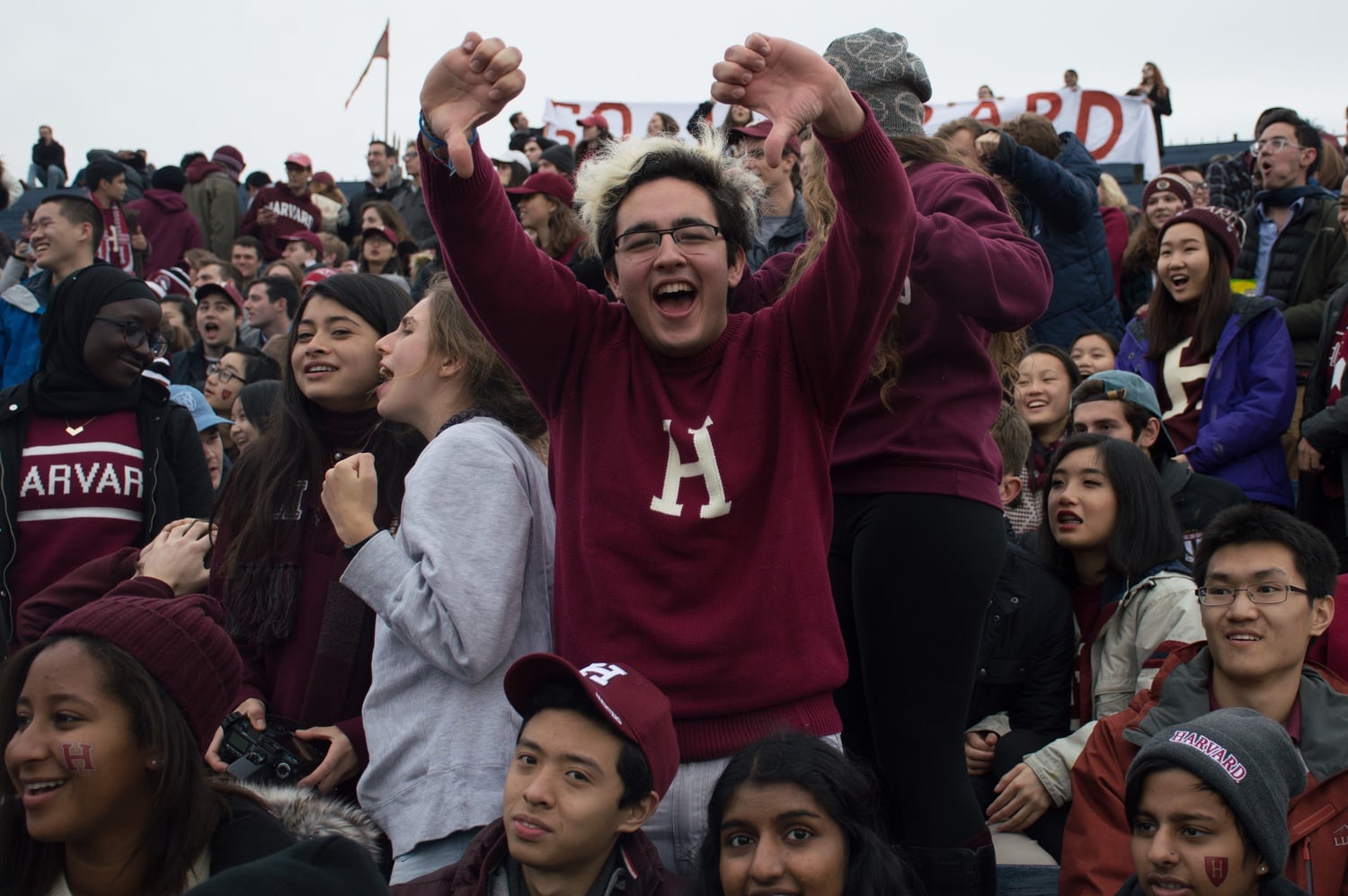 Leo A. Garcia '21 cheers for Harvard at the Harvard-Yale game earlier this semester.
