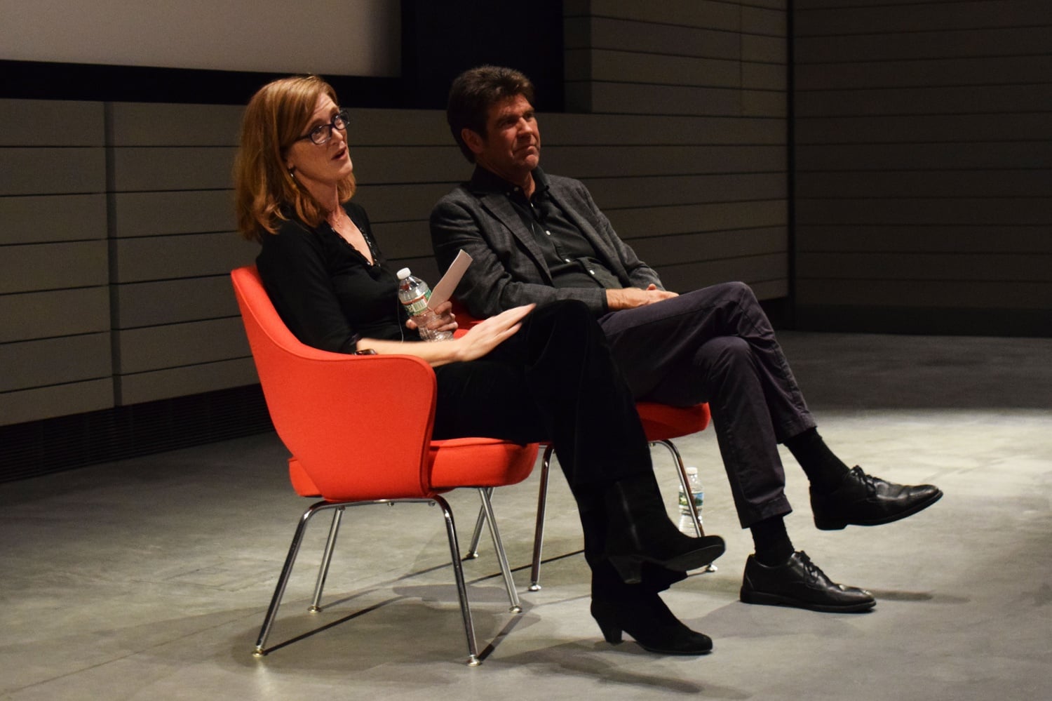 Greg Barker, director of “The Final Year,” talks to former United States Ambassador to the United Nations Samantha Power after a screening of the film in the Harvard Art Museum.