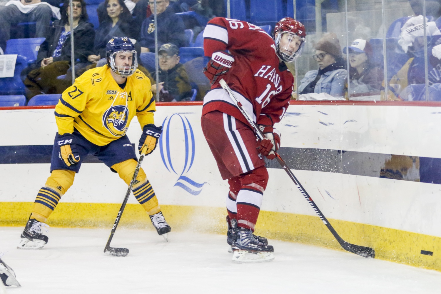 Junior forward Ryan Donato did much of his damage down low on Friday night. On the Crimson's first goal, Donato served as a screen in front of the net, and then he added two goals of his own from in close. By potting the first of those two pucks, the center extended his point streak to nine games.