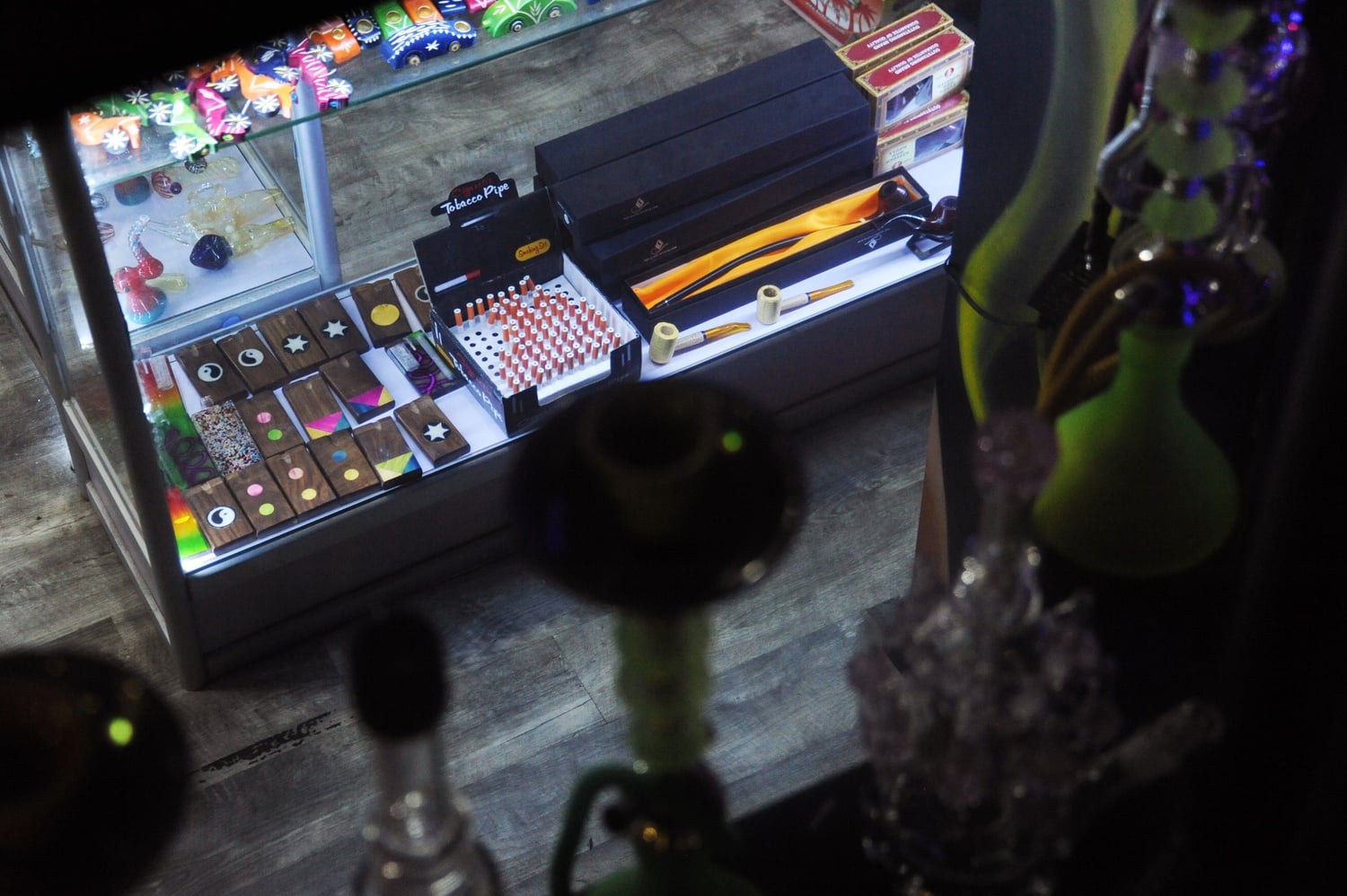 Pipes and other paraphernalia on display at Boston Smoke Shop.
