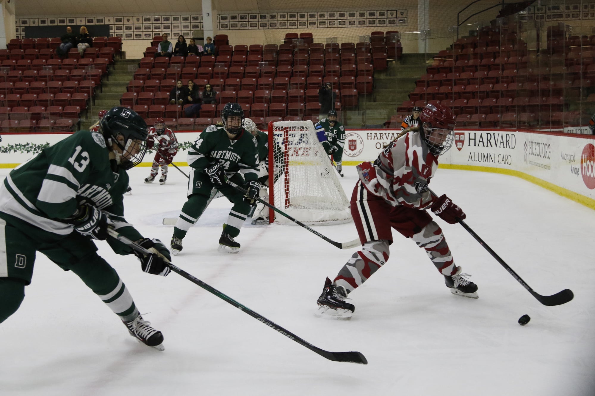 Freshman defender Sydney Sorkin retains possession and looks to find a way out as Dartmouth players close in around her. 