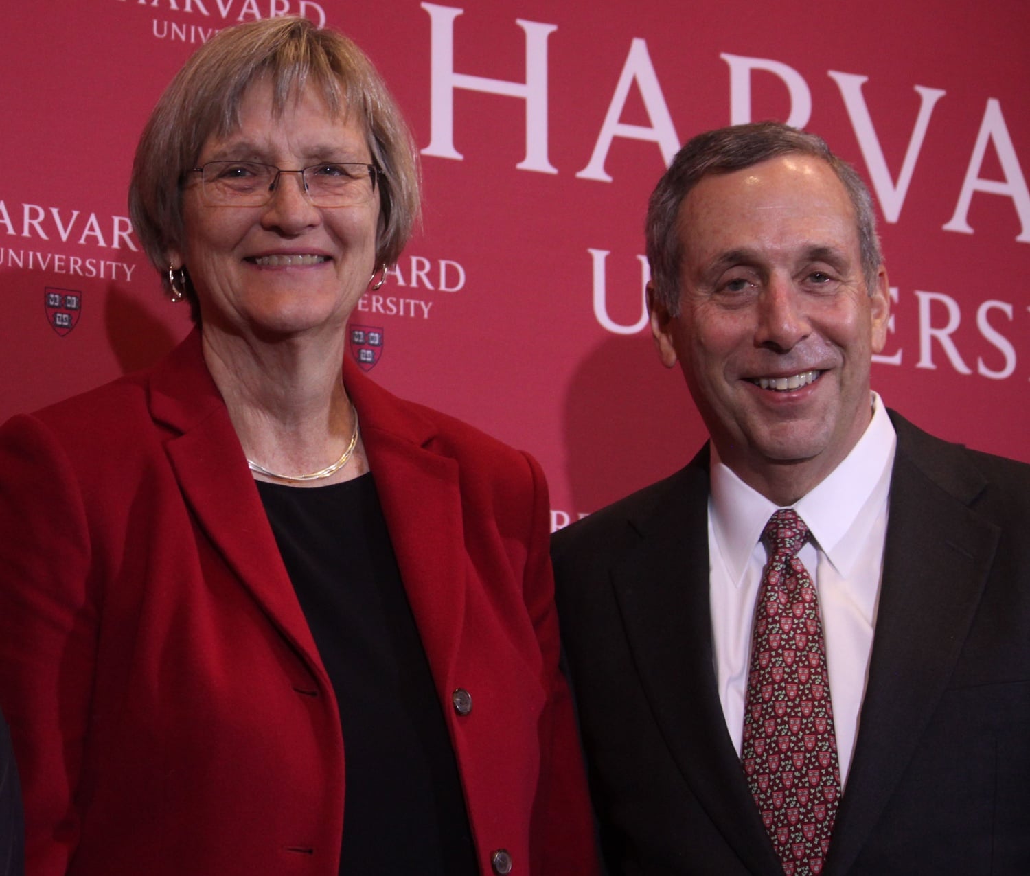 Drew G. Faust and Lawrence S. Bacow at the conference to announce the next president of Harvard College.