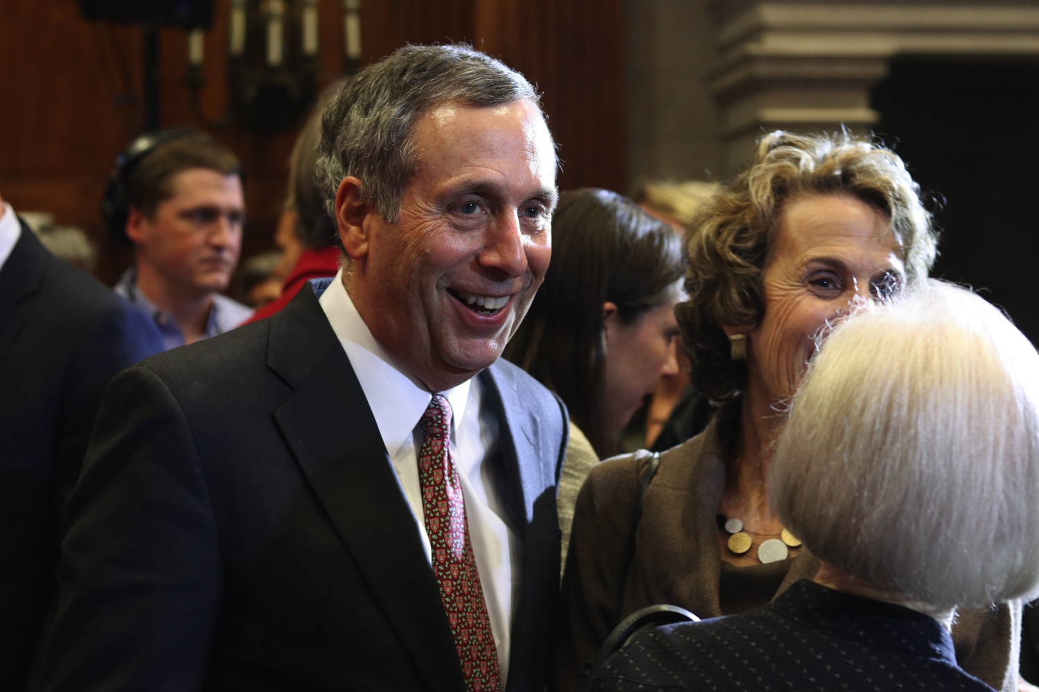 University President-elect Lawrence S. Bacow smiles at the press conference announcing his selection in Feb. 2018.