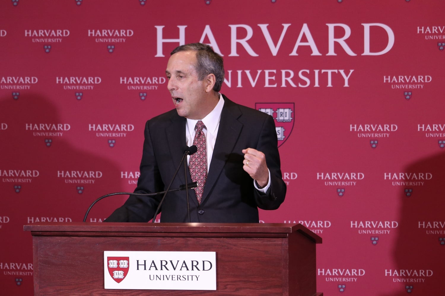 University President Lawrence S. Bacow speaks at the press conference announcing his selection.