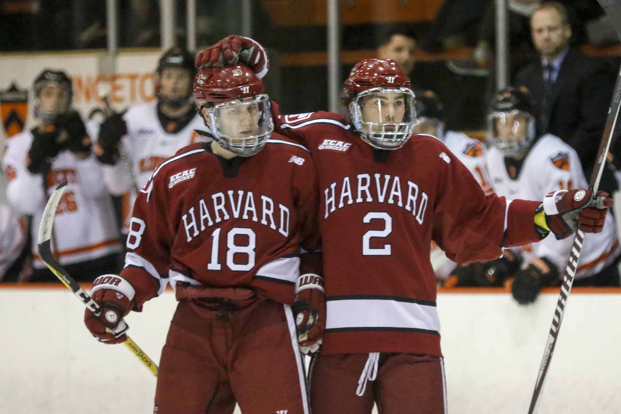 Both sophomore Adam Fox and freshman Reilly Walsh, pictured here against Princeton, potted goals in a 5-0 victory over St. Lawrence.