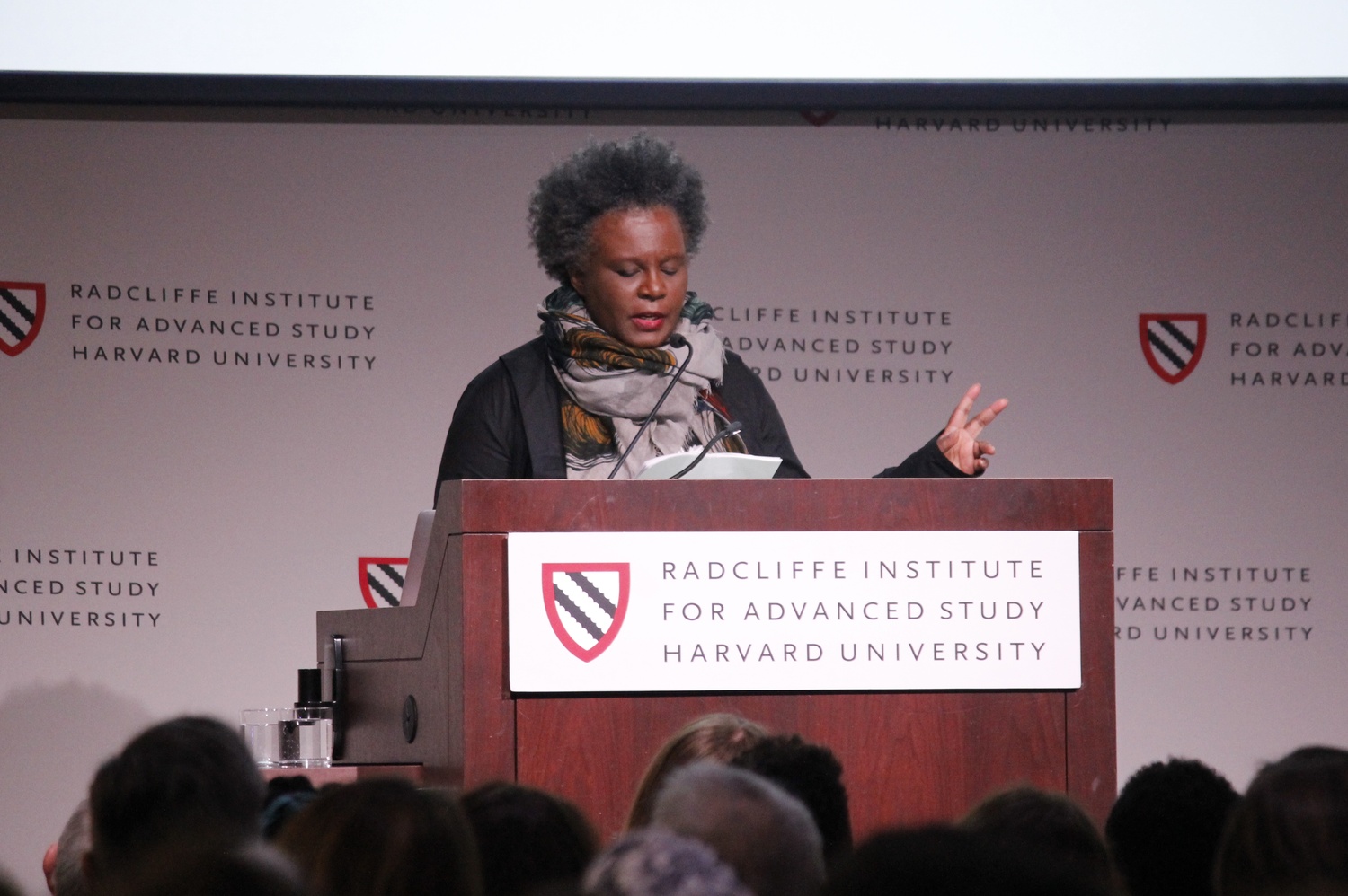 Yale professor and award winning poet Claudia Rankine, speaks at the Radcliffe Institute of Advanced Study Thursday afternoon. She spoke about the importance of discussing race related topics and recited poetry.