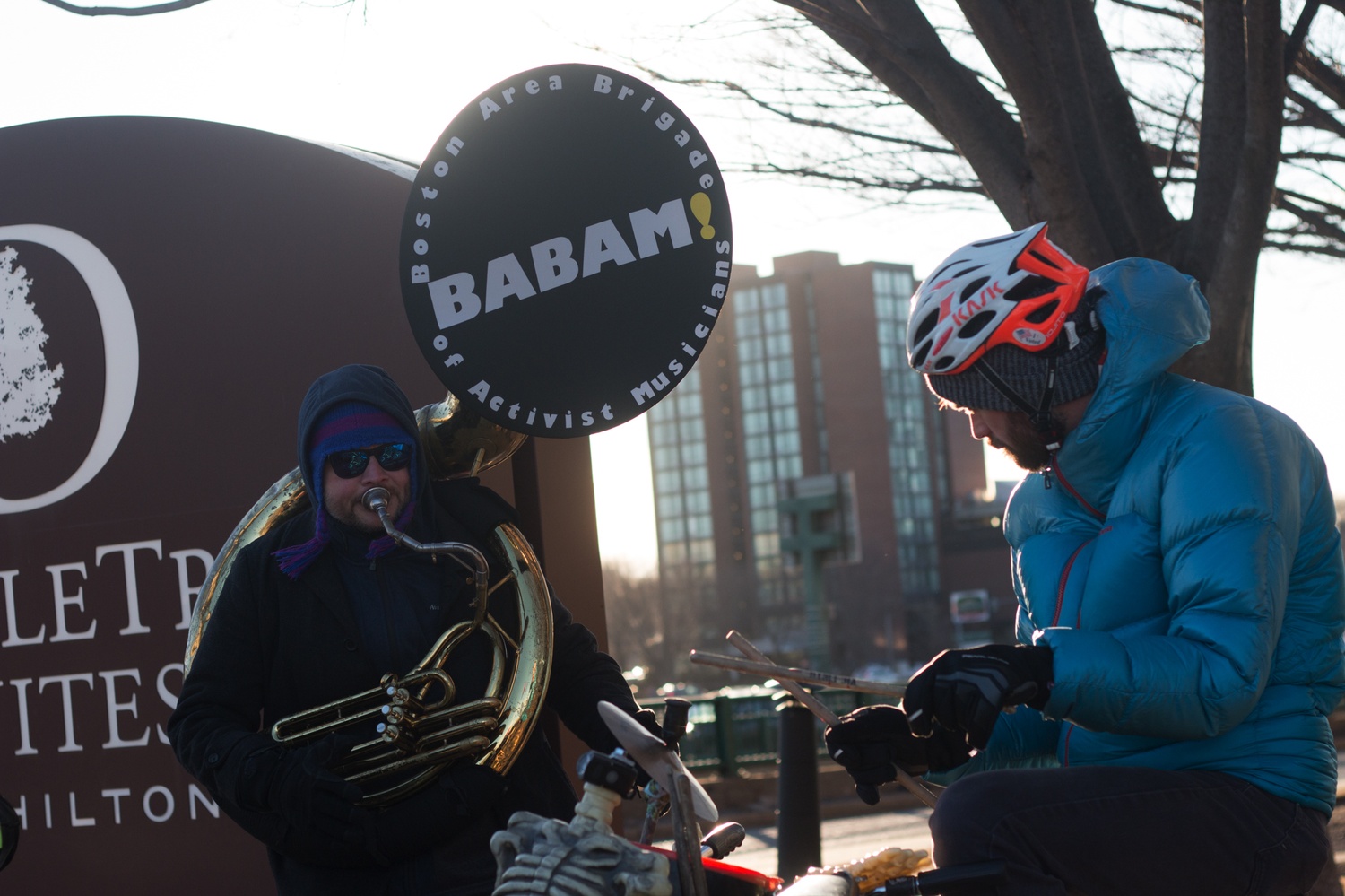 The Boston Area Brigade of Activists and Musicians plays at the "Transit Not Traffic" rally in Allston.