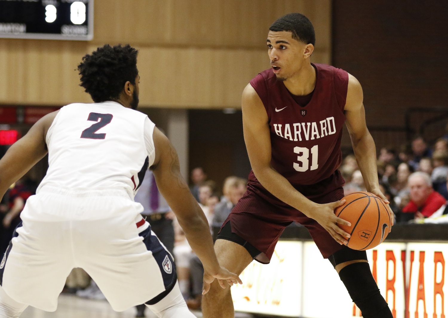 Sophomore forward Seth Towns sets up in triple threat position in the Feb 10. victory against Penn.
