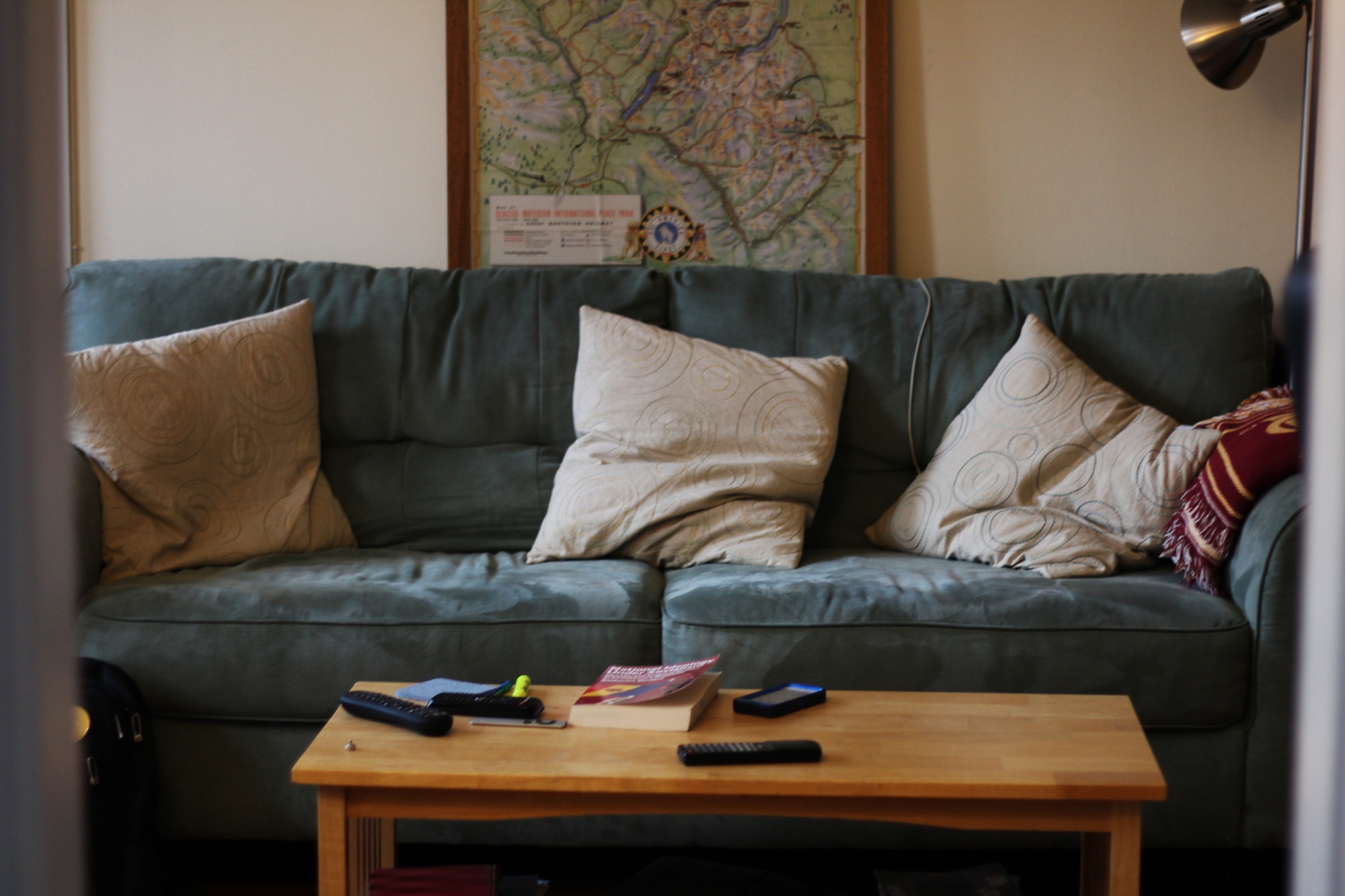 A view of Erin M. Hutchinson’s couch and living room decor from the corridor leading to her bedroom. 