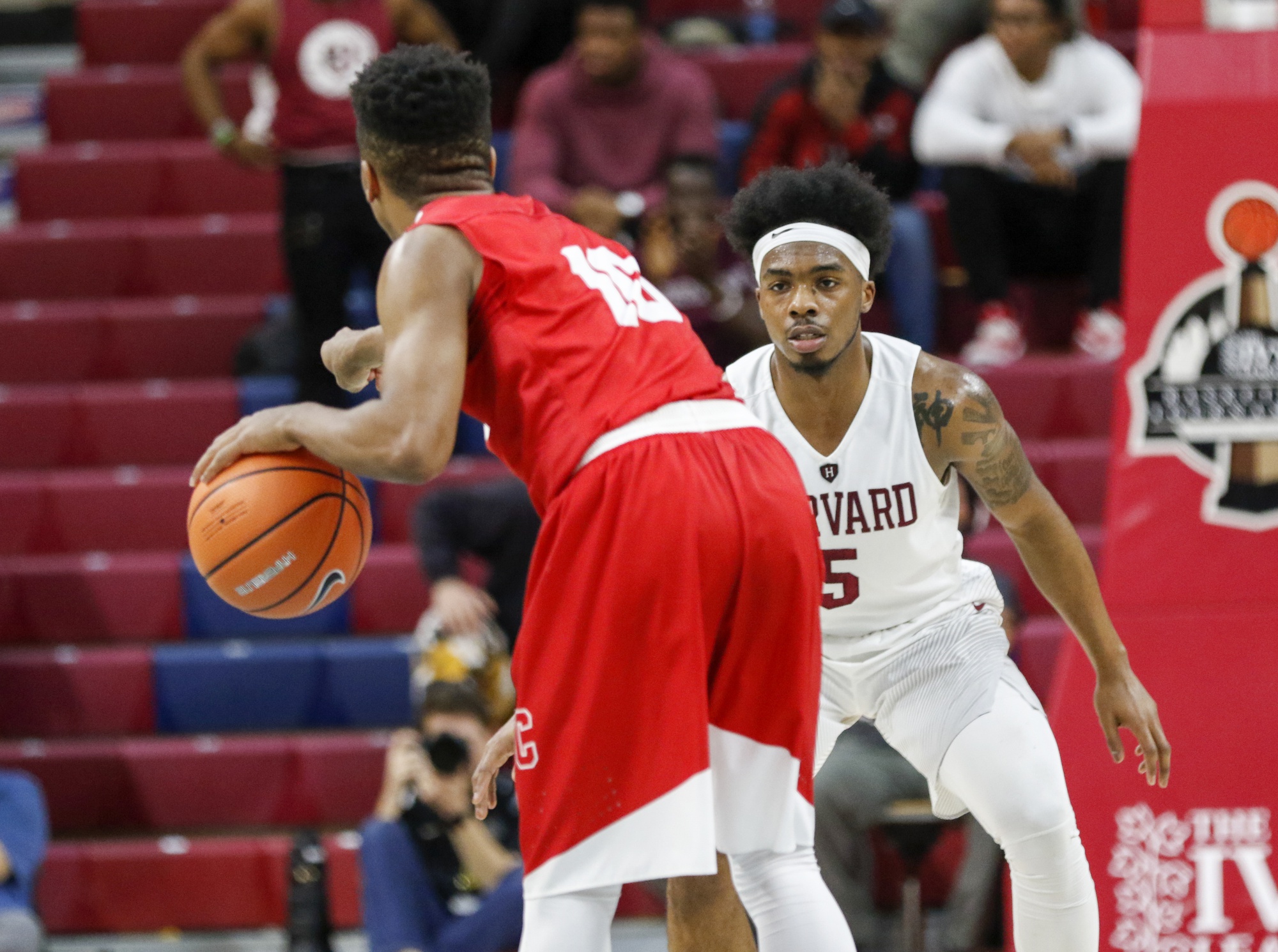 Freshman guard Mario Haskett stares down Cornell junior guard Matt Morgan.