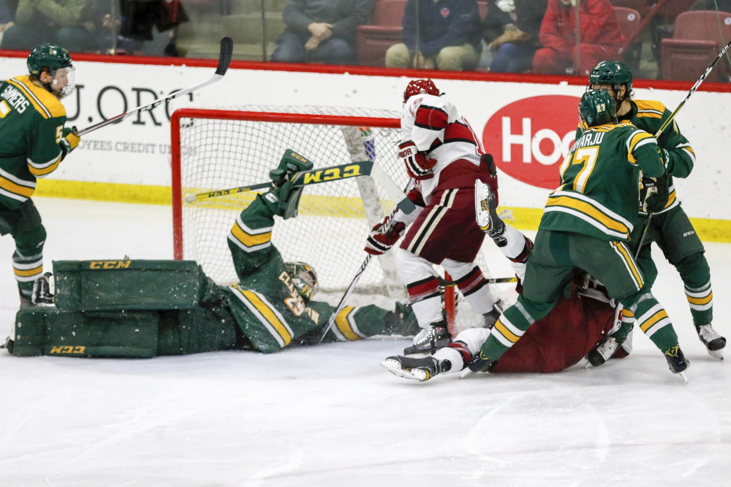 Jake Kielly conceded 12 goals to the Crimson in three matchups this year, but came away with the win that mattered as Clarkson moved on to the ECAC final.