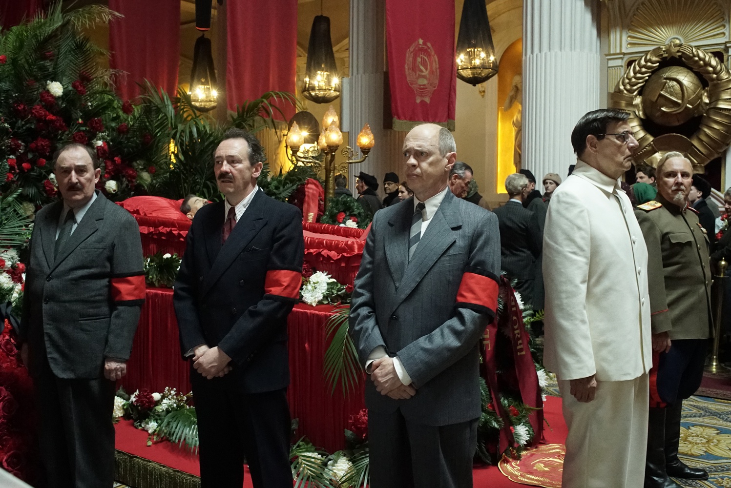 Dermot Crowley as Kaganovich, Paul Whitehouse as Mikoyan, Steve Buscemi as Krushchev, Jeffrey Tambor as Malenkov, and Paul Chahidi as Bulganin in "The Death of Stalin," directed by Armando Iannucci. 