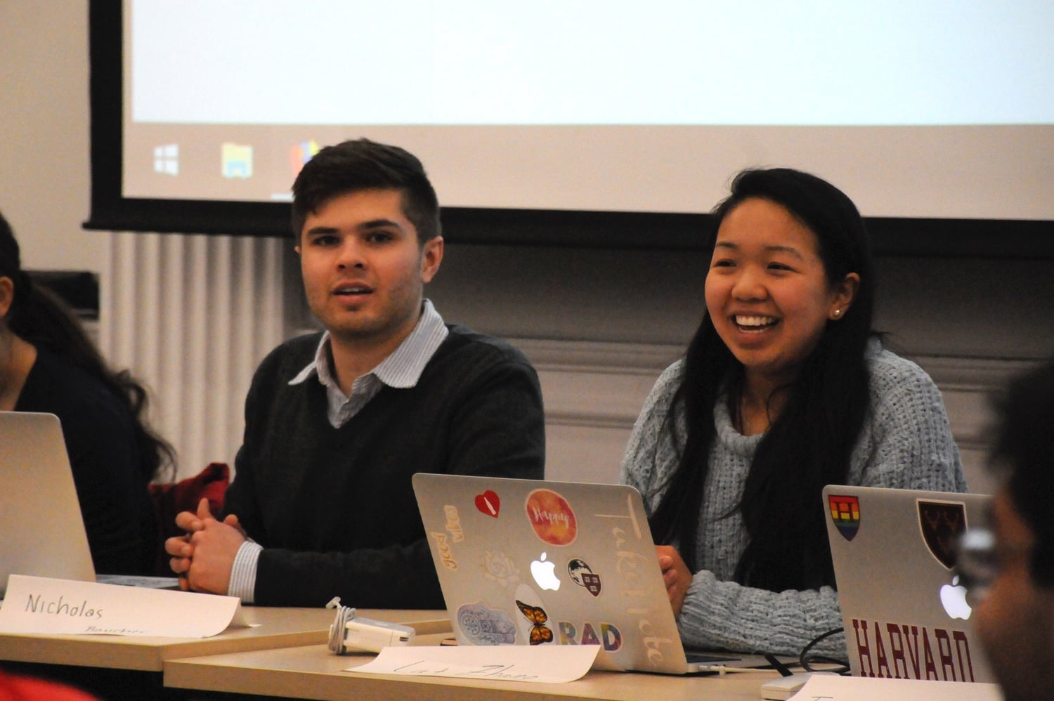 Catherine L. Zhang '19 and Nicholas D. Boucher '19 preside over an Undergraduate Council Meeting.