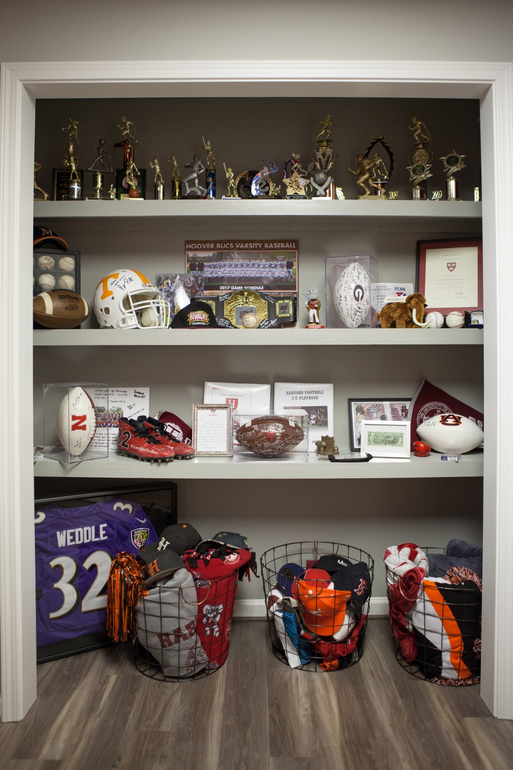 A trophy shelf in the Abercrombie home.