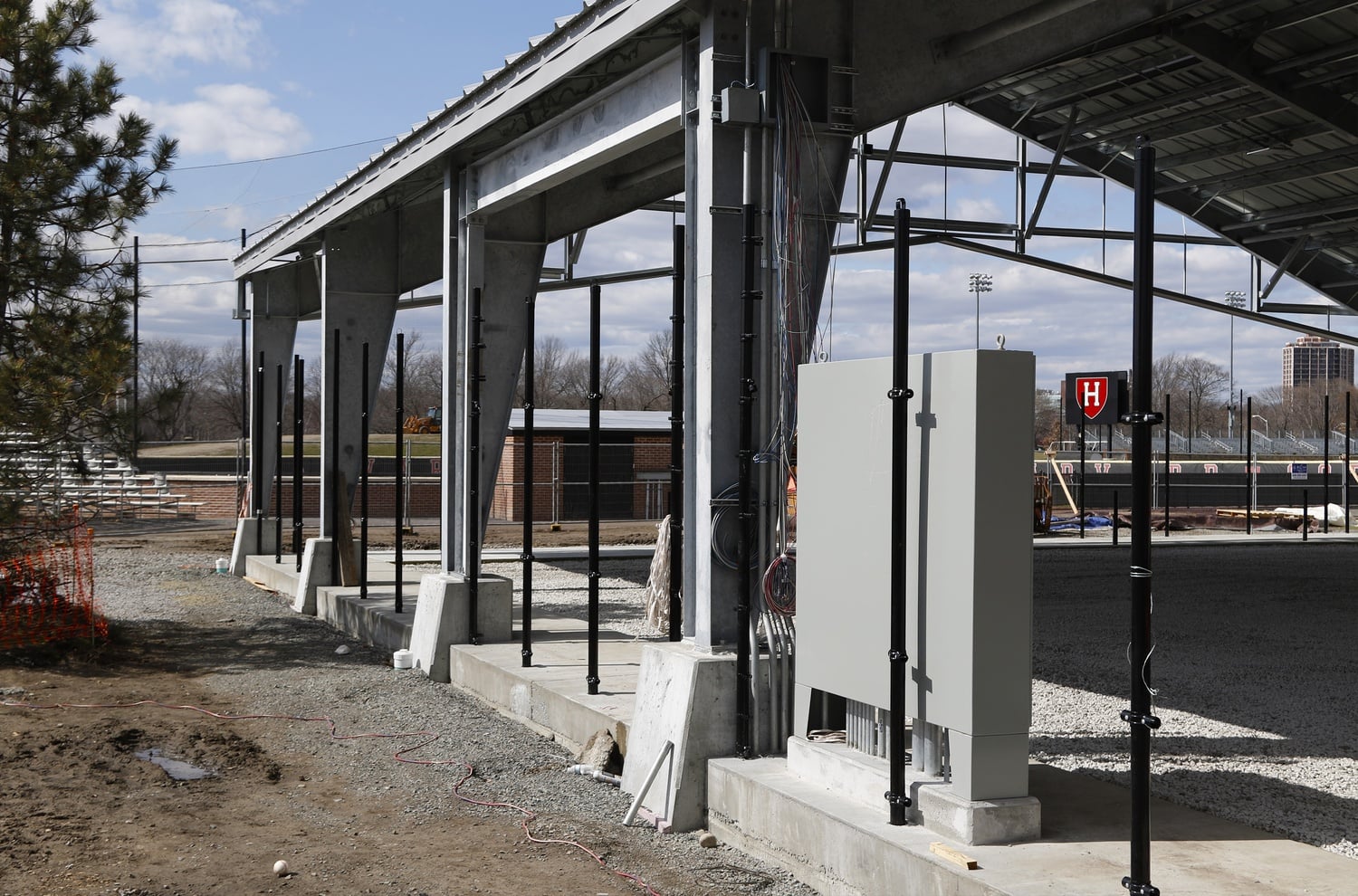 Harvard's new covered hitting and pitching pavilion is still under construction near the Harvard Stadium.