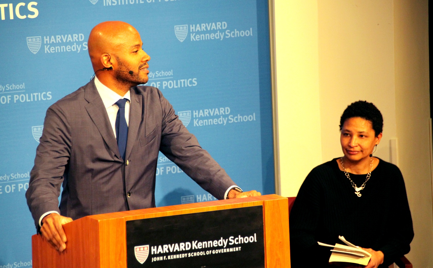 Dr. Peniel E. Joseph (left) provides introductory remarks for the Martin Luther King, Jr.: Life, Loss, Legacy event held at the Institute of Politics Friday. He introduced University Professor Danielle Allen (right), the keynote speaker of the evening.