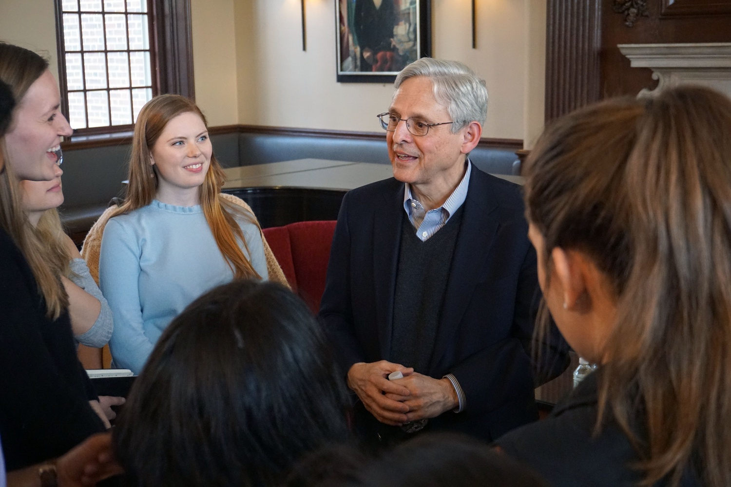 Merrick B. Garland '74 speaks to students in the Winthrop Junior Common Room on Monday. Garland gave a talk on public service and the law.