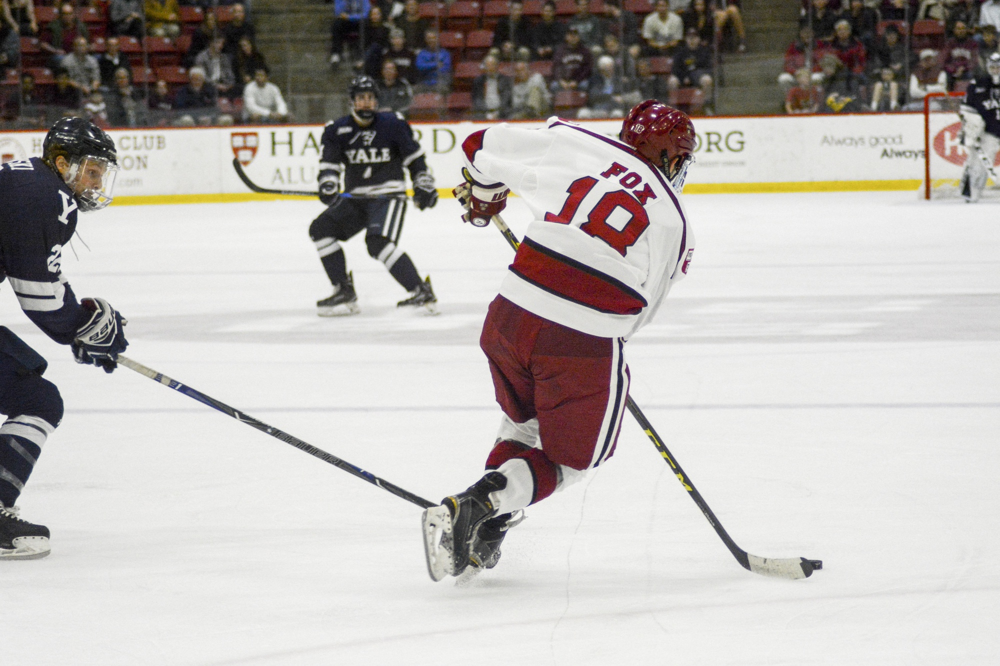 Despite rallying in the second period and scoring twice to tie the game, Harvard could not hold off Yale's pressure.