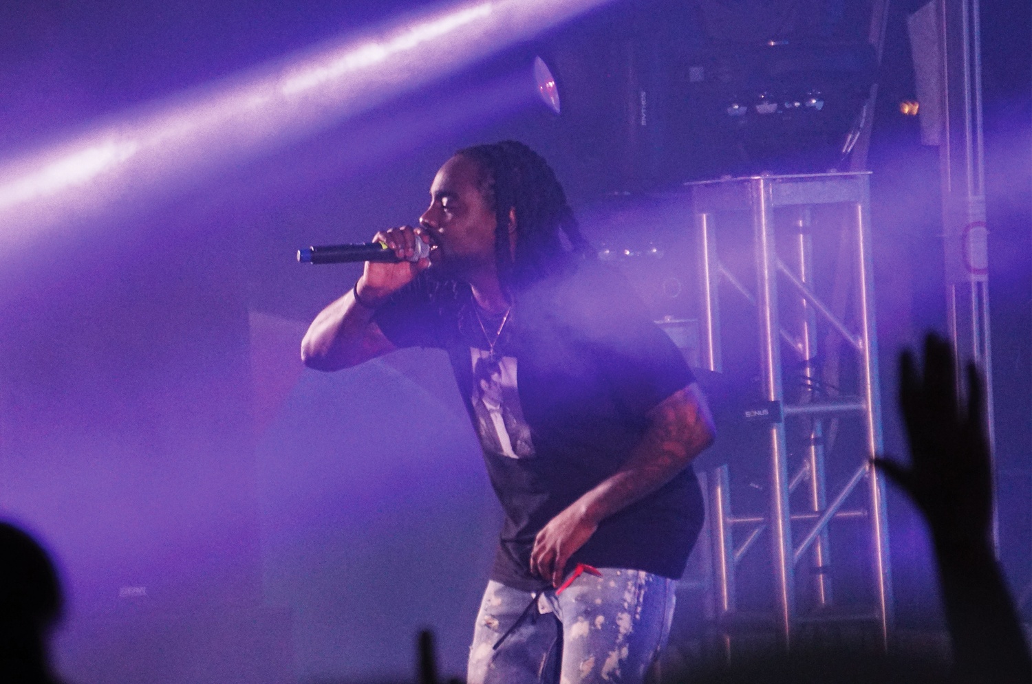 Twenty-five-year-old Washington, D.C. rapper Wale performs in front of a crowd of cheering students in Tercentenary Theater during Yardfest in 2018.