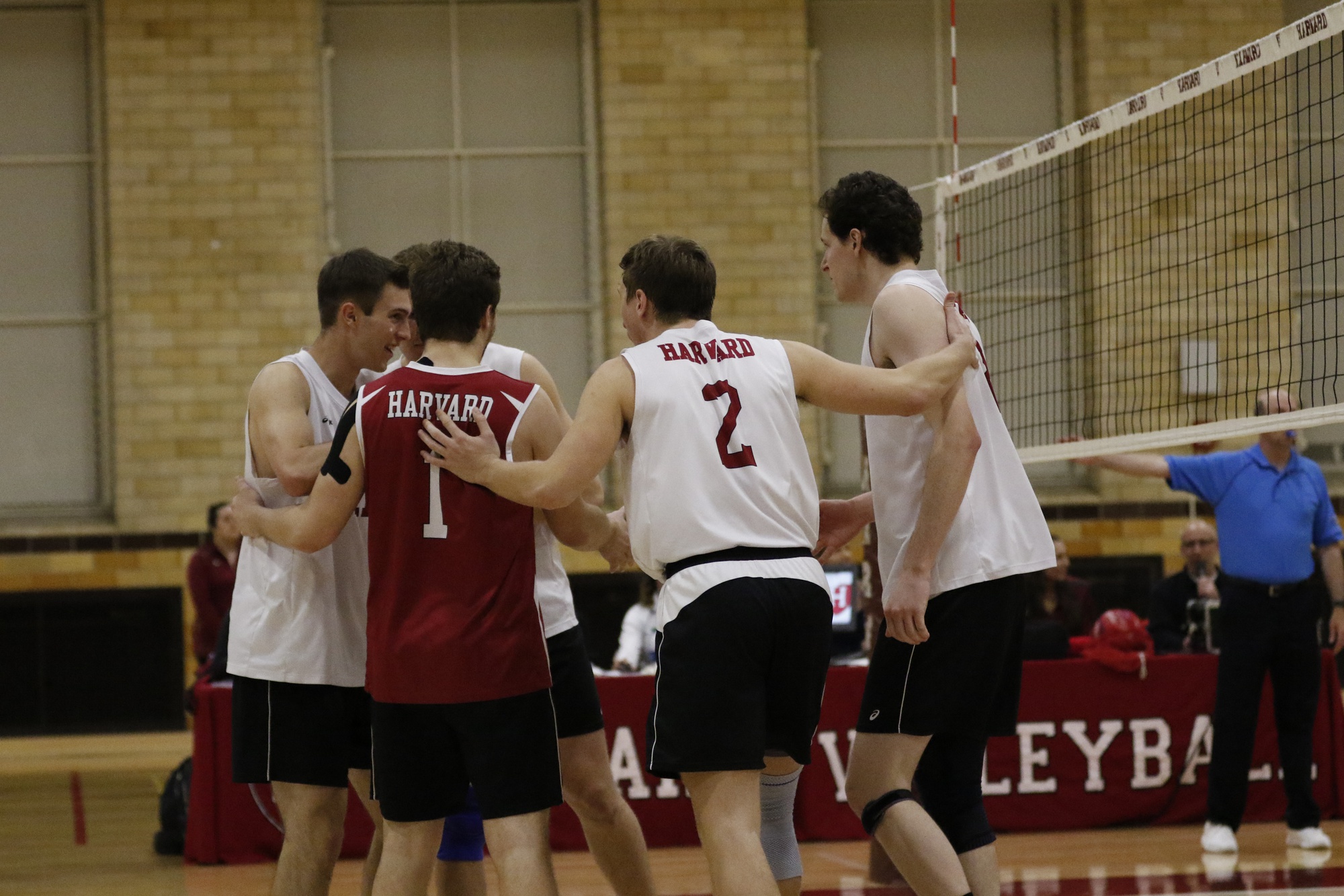 Senior setter Marko Kostich (2) and sophomore outside hitter Erik Johnsson (11) celebrate with their teammates after securing a point. Both players had seven kills on Thursday, with Kostich adding 22 assists.