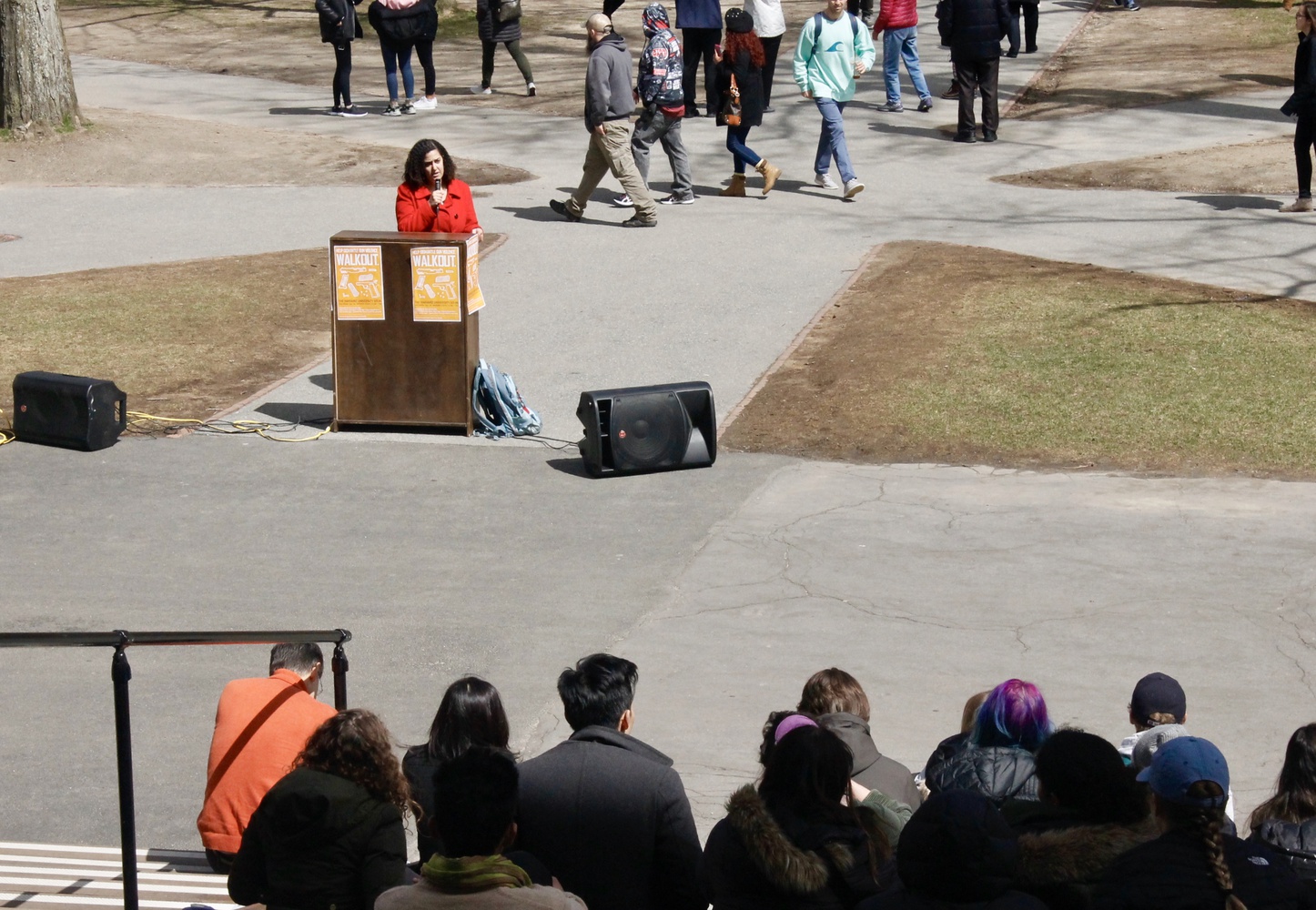 Students gathered on Widener steps Friday morning as part of a national day of school walkouts to mark the 19th anniversary of the Columbine shooting.